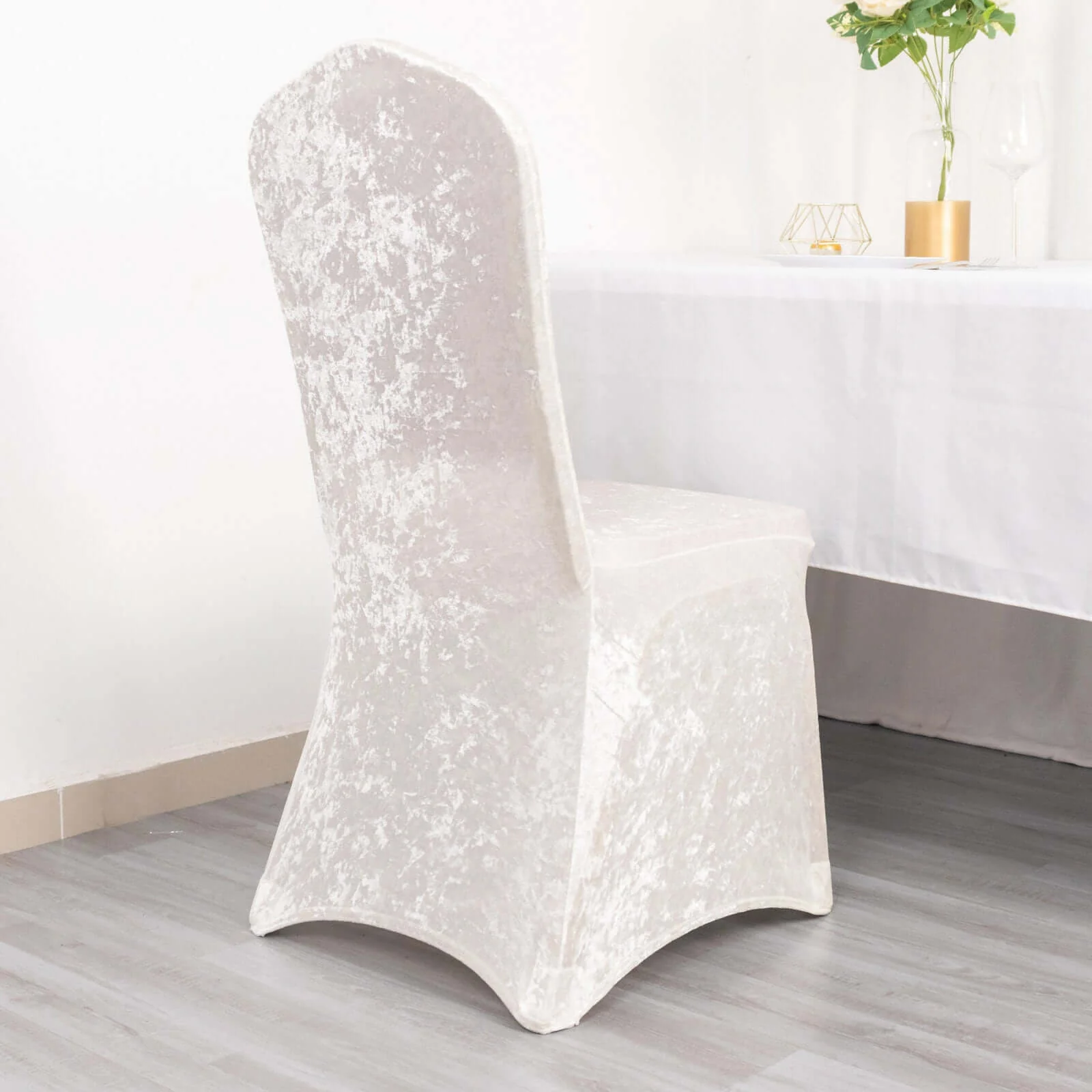 Crushed Velvet Spandex Stretch Banquet Chair Cover 190GSM White - Fitted Slipcover with Foot Pockets for Weddings - Image 2