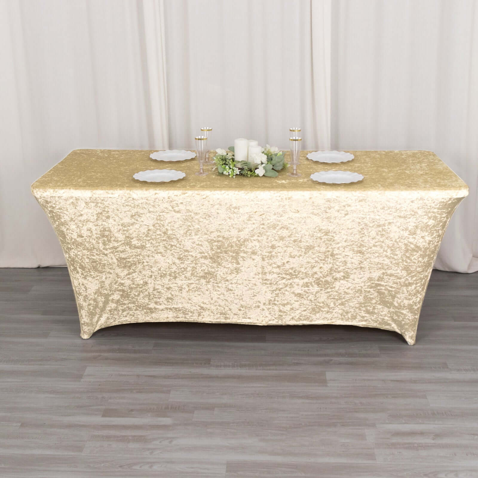 Crushed Velvet Stretch Rectangular Table Cover 6ft Beige - Wrinkle-Free Tablecloth - Image 10