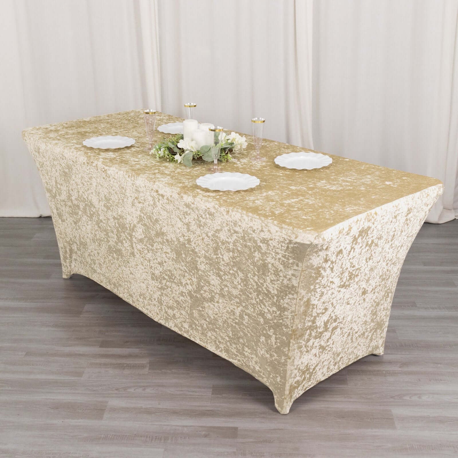 Crushed Velvet Stretch Rectangular Table Cover 6ft Beige - Wrinkle-Free Tablecloth - Image 6