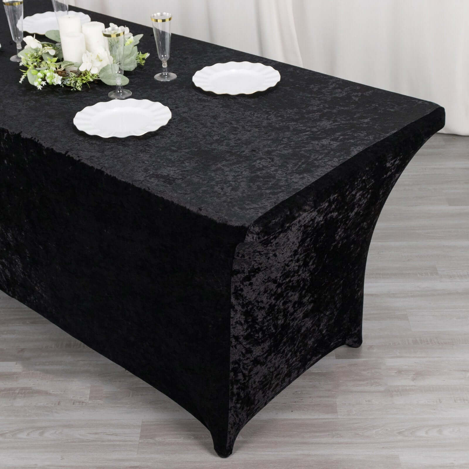 Crushed Velvet Stretch Rectangular Table Cover 6ft Black - Wrinkle-Free Tablecloth - Image 2
