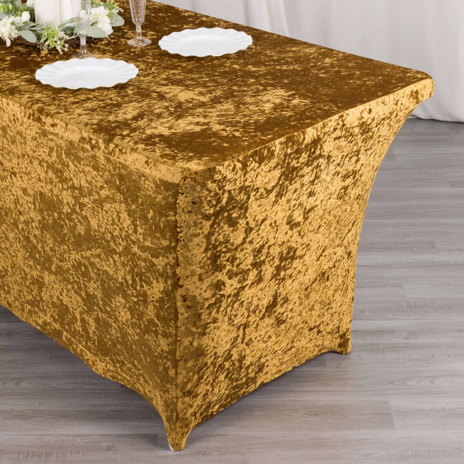 Crushed Velvet Stretch Rectangular Table Cover 6ft Gold - Wrinkle-Free Tablecloth - Image 2