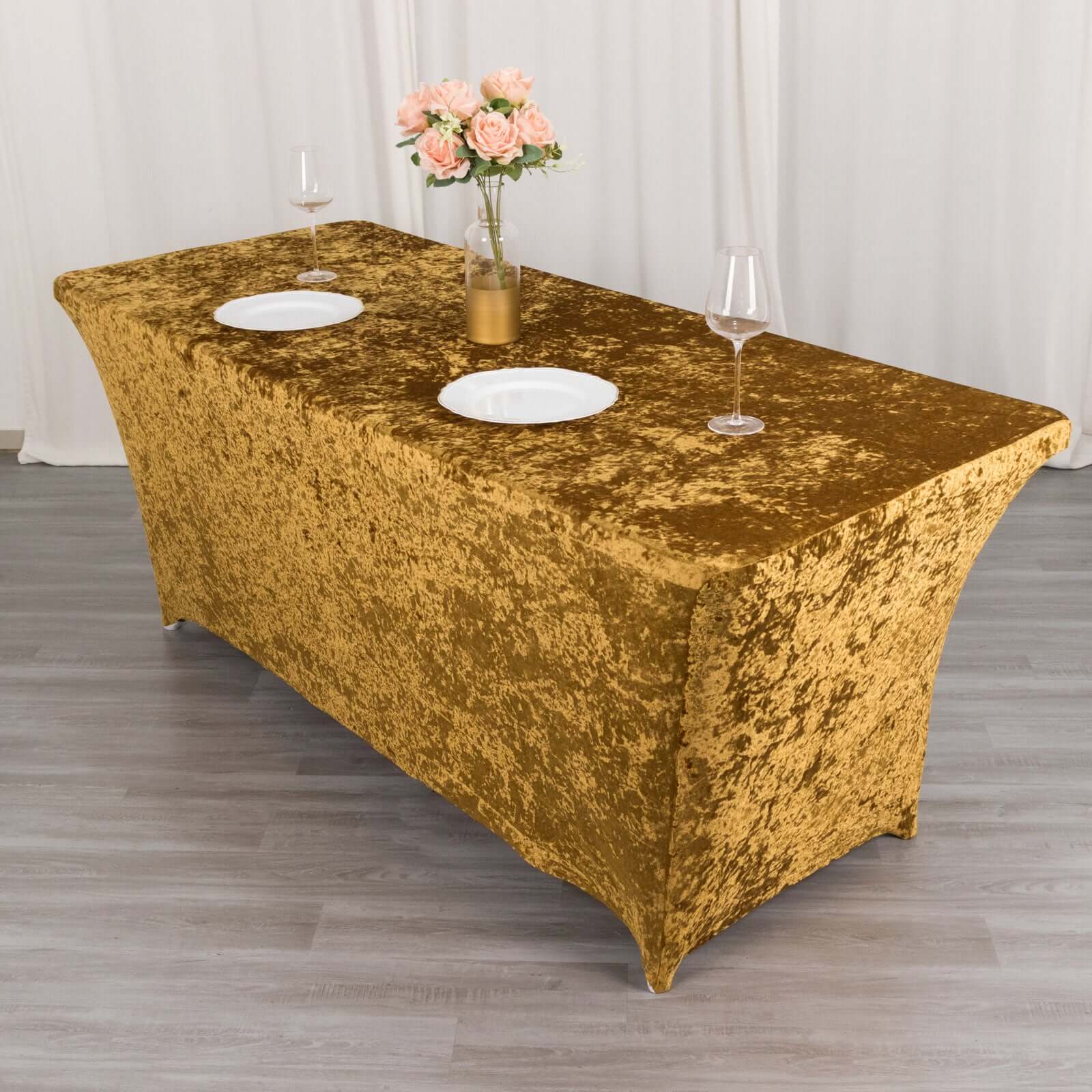 Crushed Velvet Stretch Rectangular Table Cover 6ft Gold - Wrinkle-Free Tablecloth - Image 3