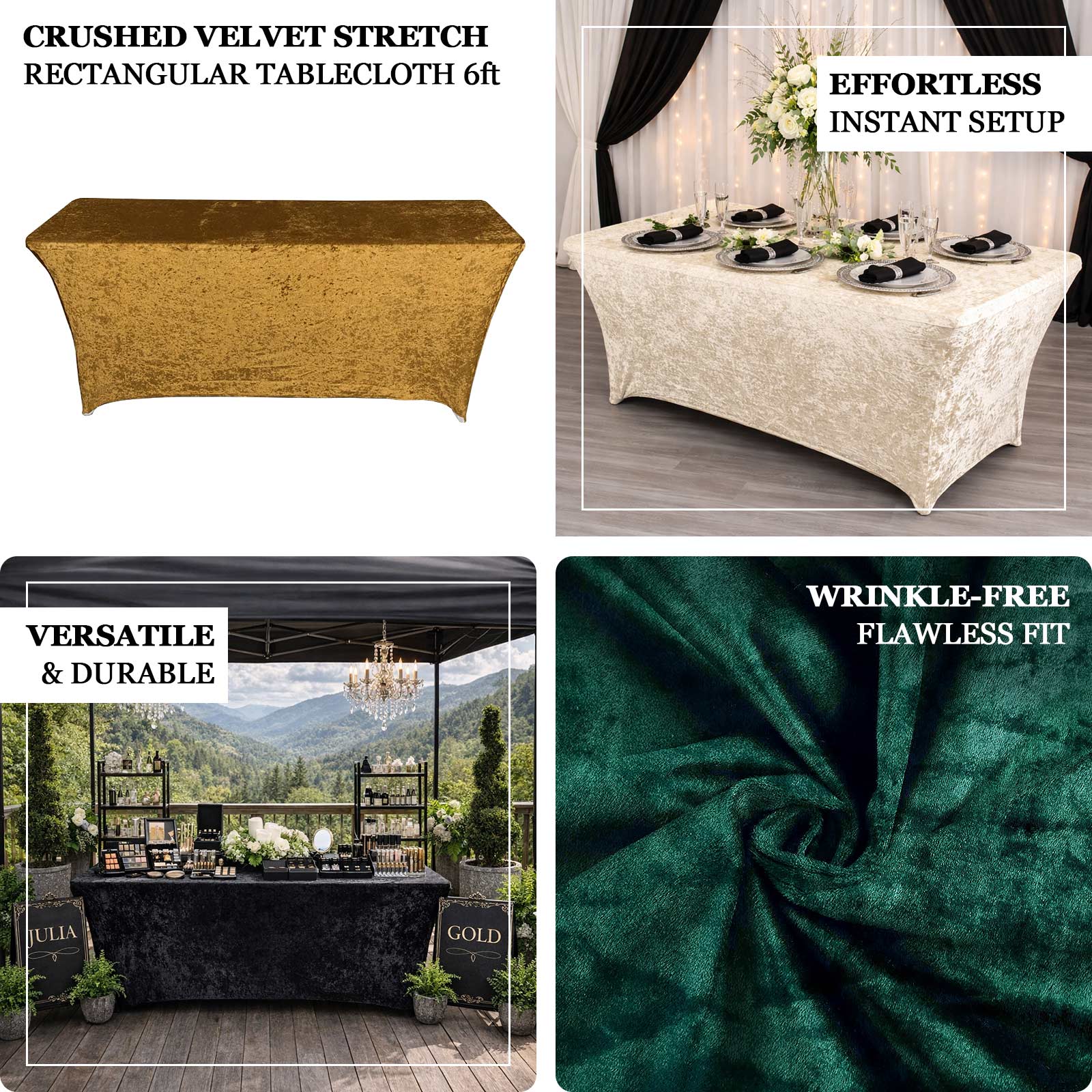 Crushed Velvet Stretch Rectangular Table Cover 6ft Gold - Wrinkle-Free Tablecloth - Image 4
