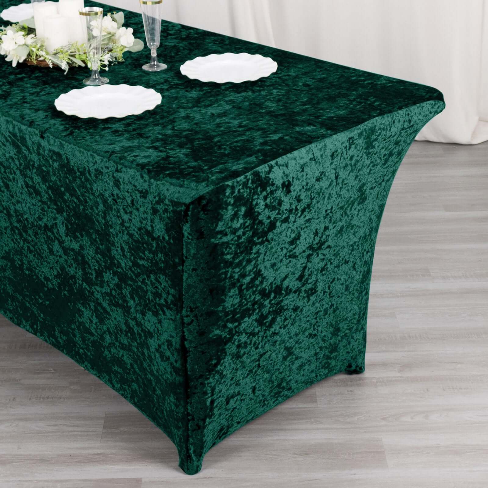 Crushed Velvet Stretch Rectangular Table Cover 6ft Hunter Emerald Green - Wrinkle-Free Tablecloth - Image 2
