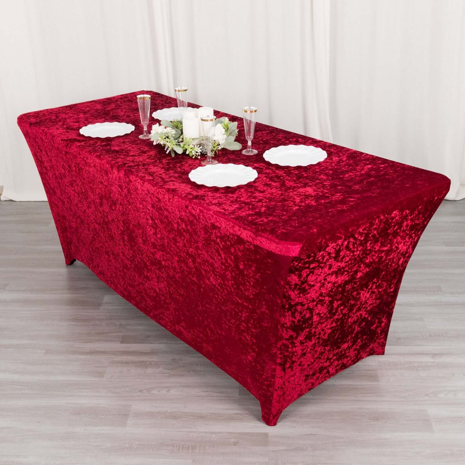 Crushed Velvet Stretch Rectangular Table Cover 6ft Red - Wrinkle-Free Tablecloth - Image 6