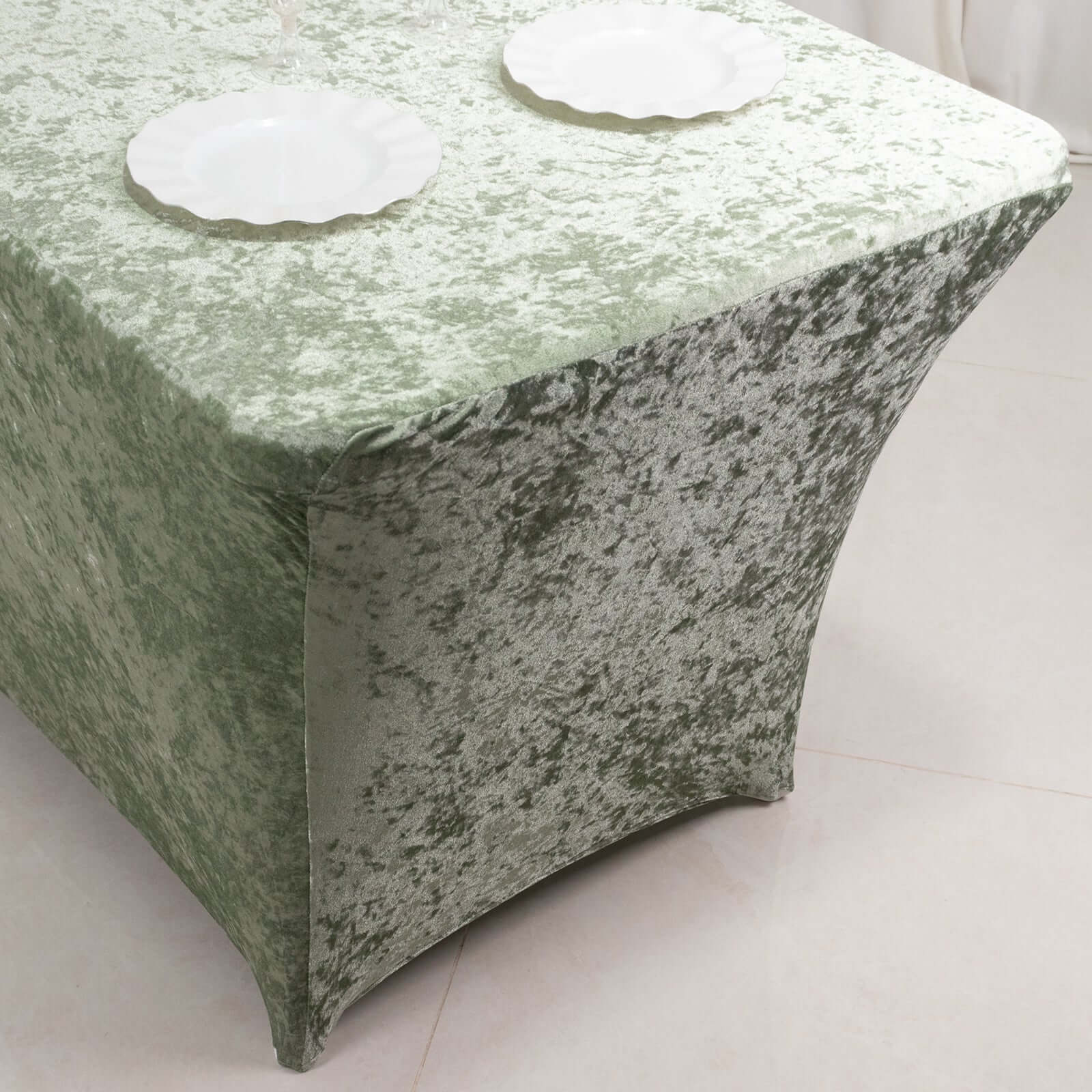 Crushed Velvet Stretch Rectangular Table Cover 6ft Sage Green - Wrinkle-Free Tablecloth - Image 2