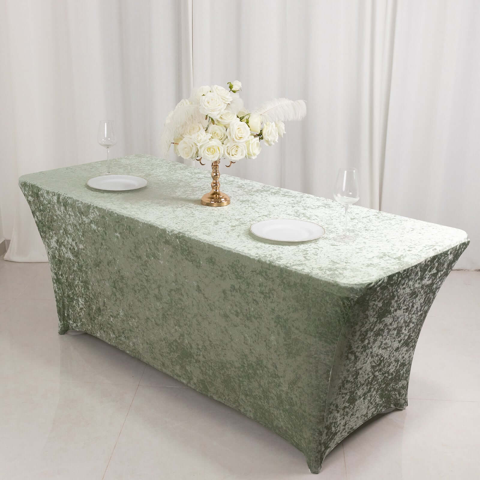 Crushed Velvet Stretch Rectangular Table Cover 6ft Sage Green - Wrinkle-Free Tablecloth - Image 3