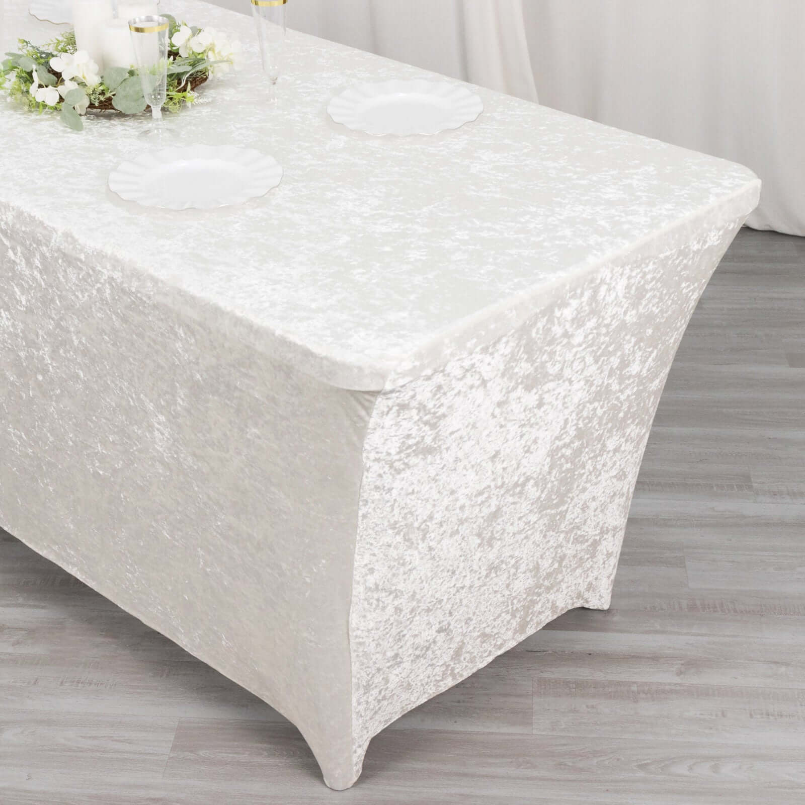 Crushed Velvet Stretch Rectangular Table Cover 6ft White - Wrinkle-Free & Fitted Tablecloth - Image 2