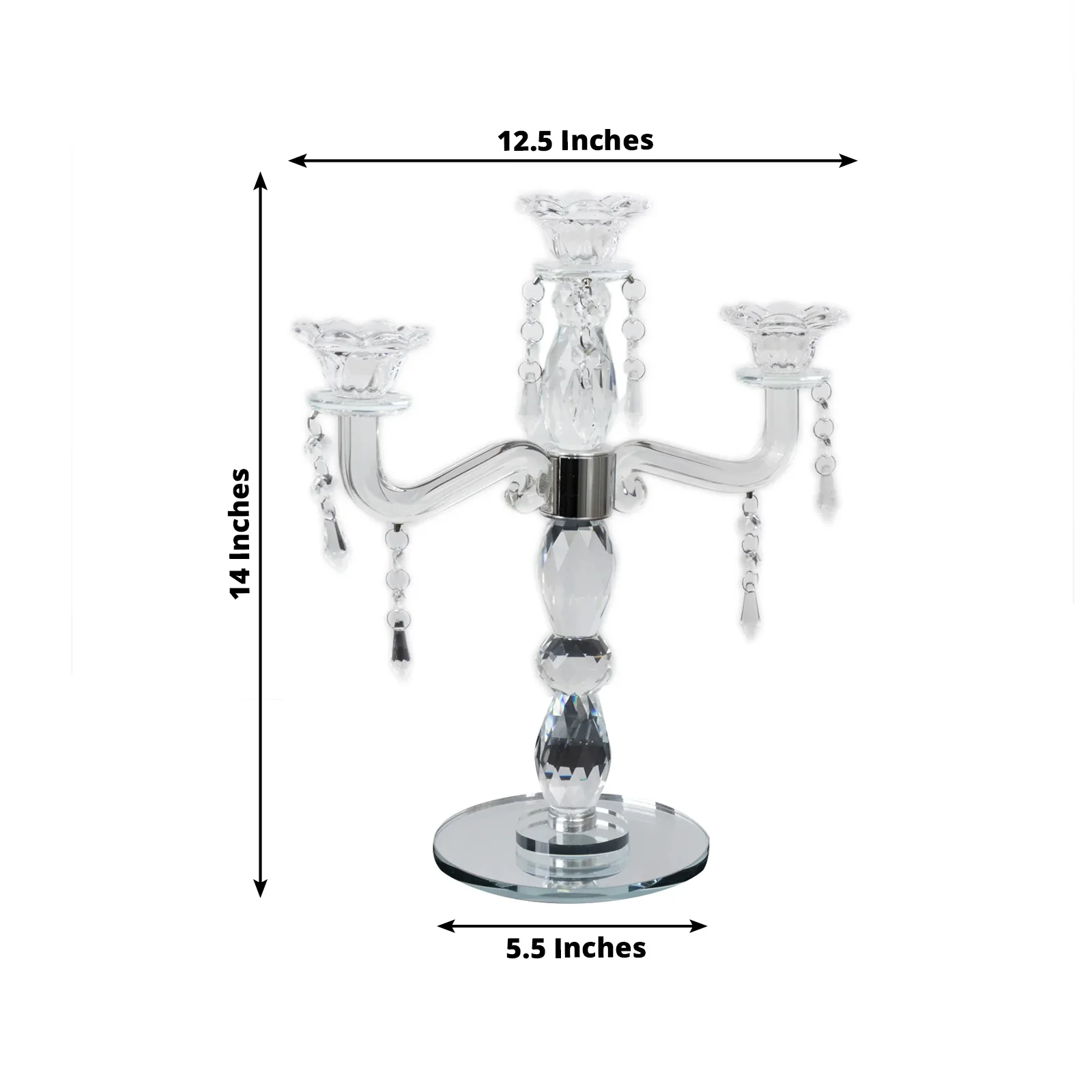 Crystal 3-Arm Candelabra Taper Candle Holder with Hanging Prisms & Round Mirror Base – Faceted Cut Glass Design - 14" Tall - Image 2