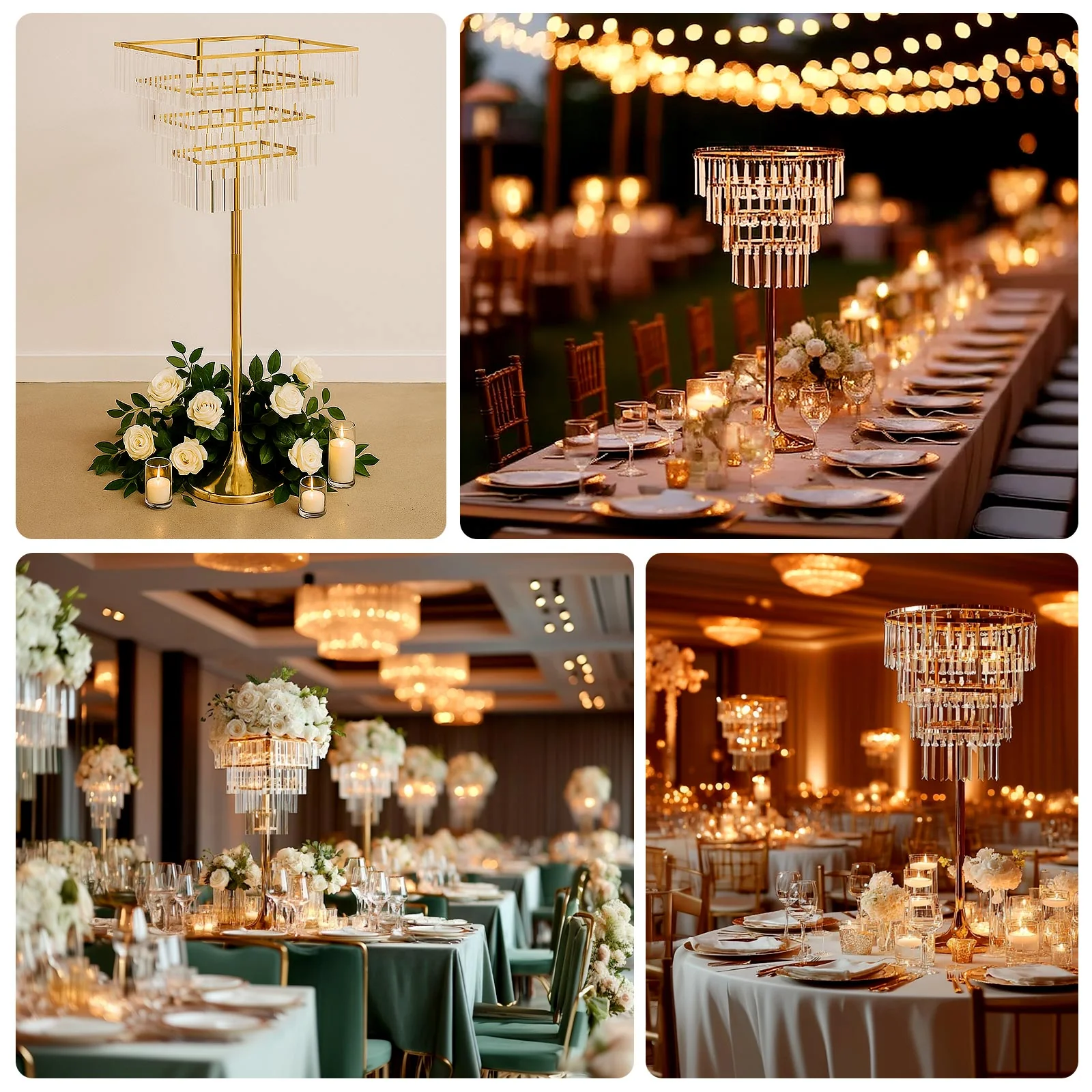 Crystal Pendant 4-Tier Table Centerpiece Chandelier – 38" Gold Metal Flower Stand with Round Frame & Base, Hanging Crystals - Image 5