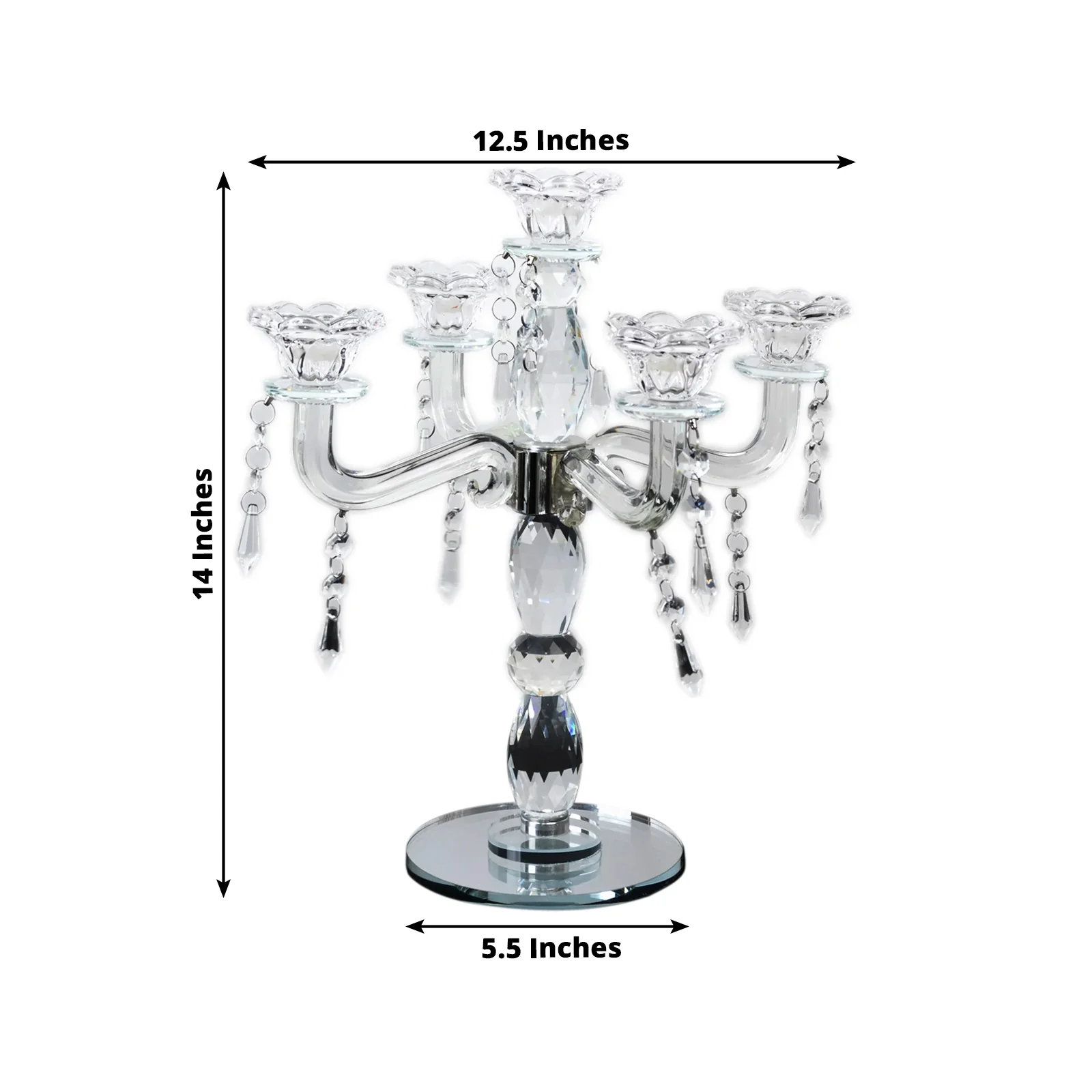 Crystal 5-Arm Candelabra Taper Candle Holder with Hanging Prisms & Round Mirror Base – Faceted Cut Glass Design - 14" Tall - Image 2