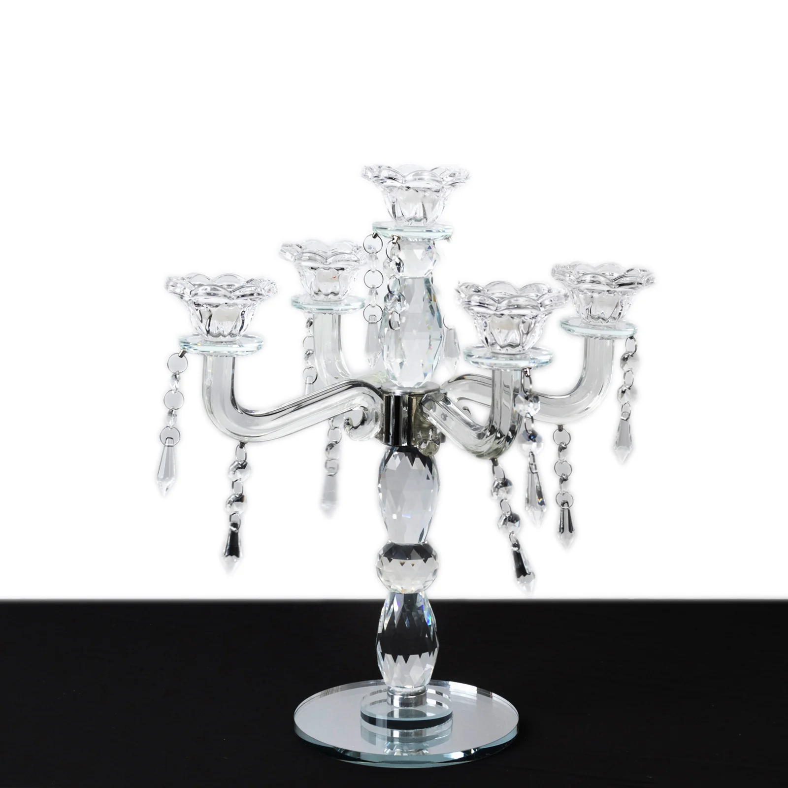 Crystal 5-Arm Candelabra Taper Candle Holder with Hanging Prisms & Round Mirror Base – Faceted Cut Glass Design - 14" Tall - Image 7