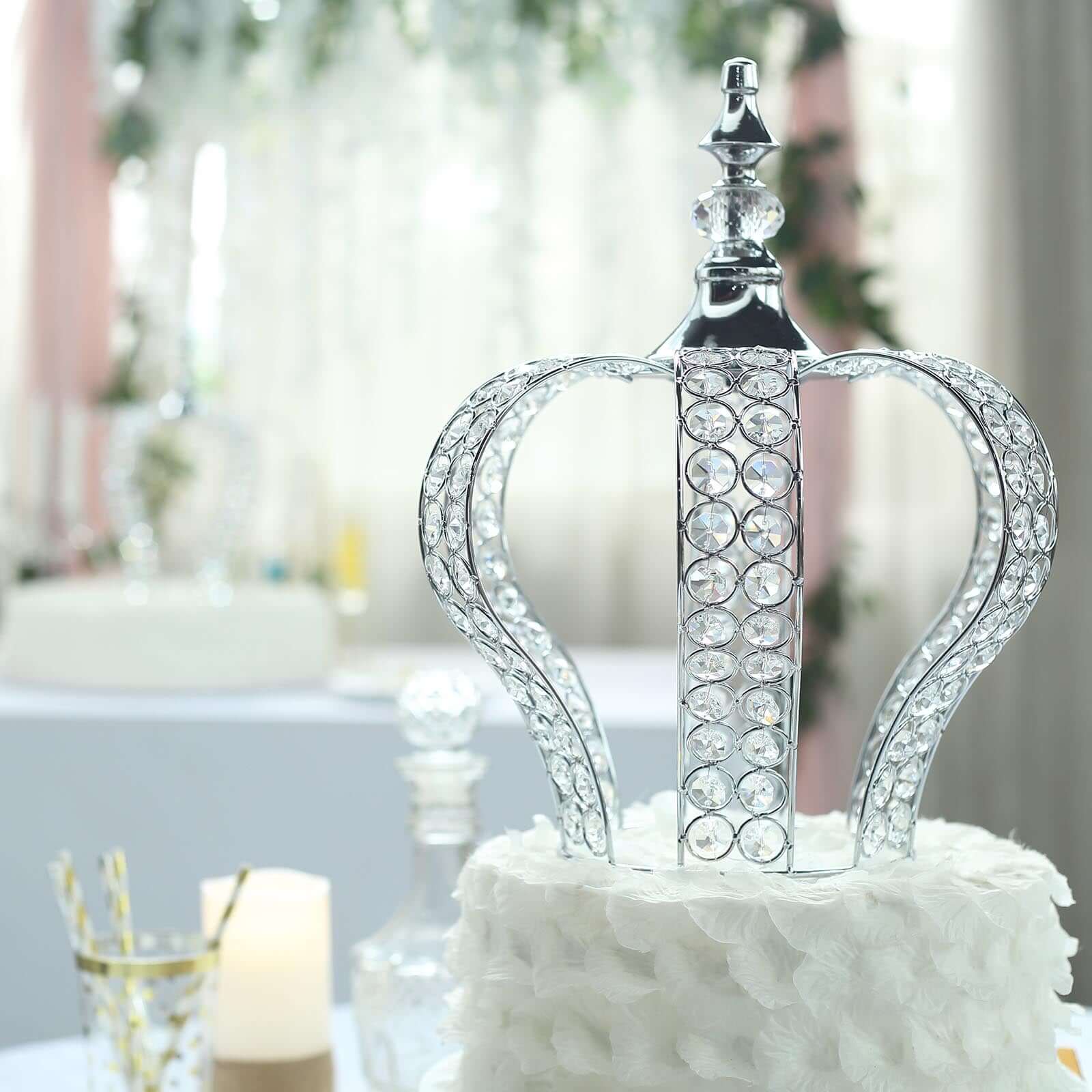 Crystal-Bead Royal Crown Cake Topper 14" Metallic Silver - Reusable Cake Centerpiece Decor - Image 2