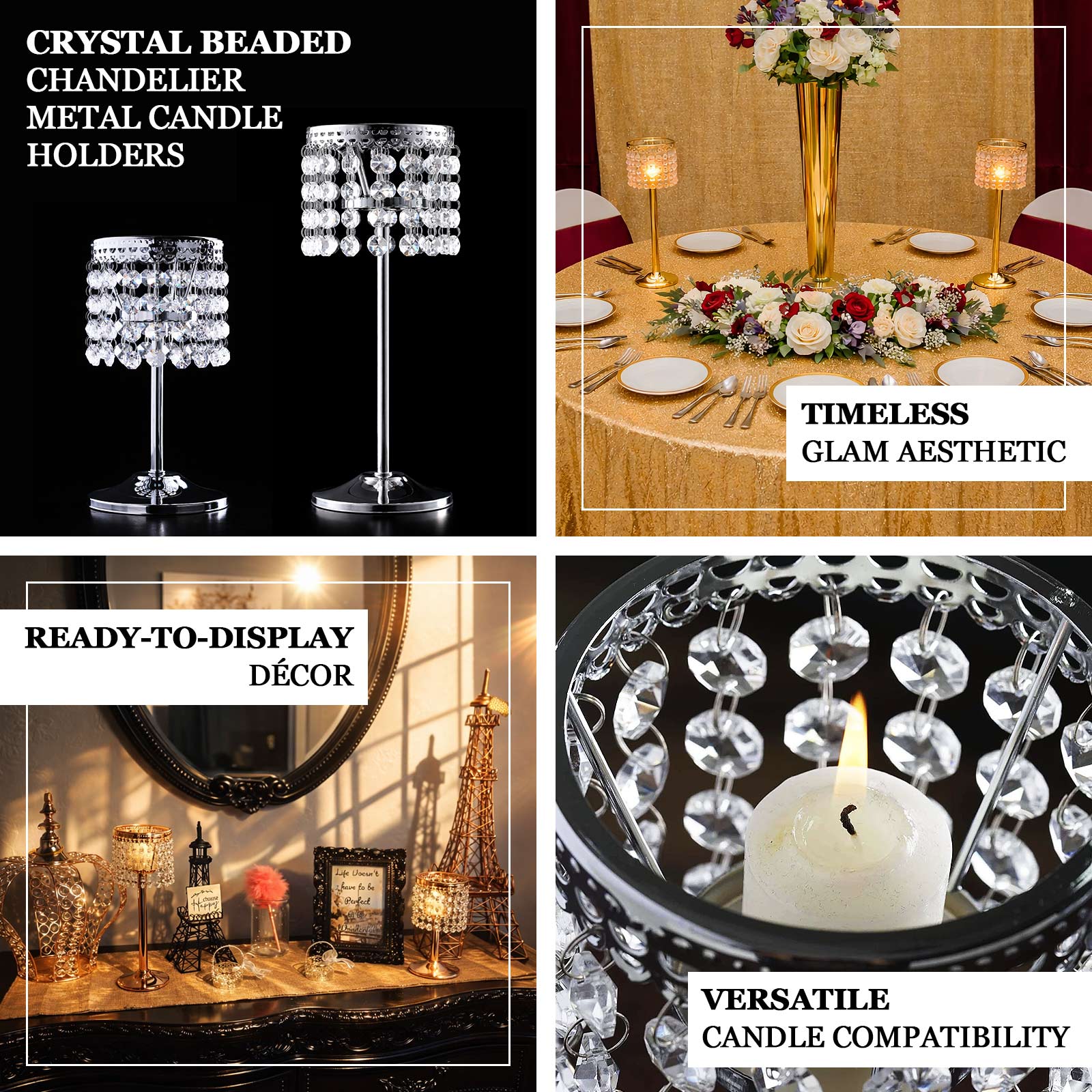 Crystal Beaded Chandelier Candle Holder 12" Silver - Stunning Metal Tealight Stand for Pillar Candles - Image 4
