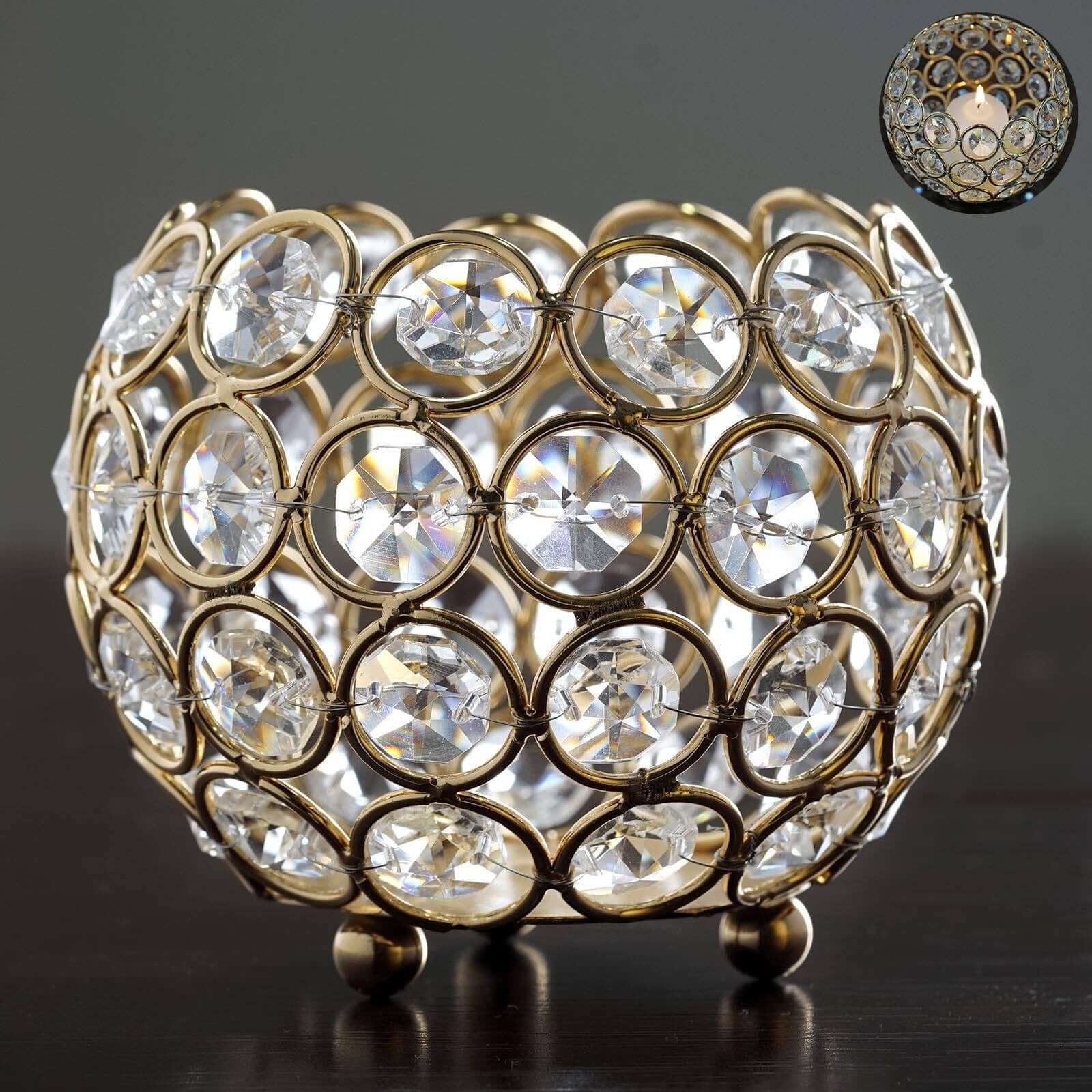 Crystal Beaded Metal Votive Tealight Candle Holder 4" Round Gold - Multipurpose Table Vase for Stylish Decor - Image 6