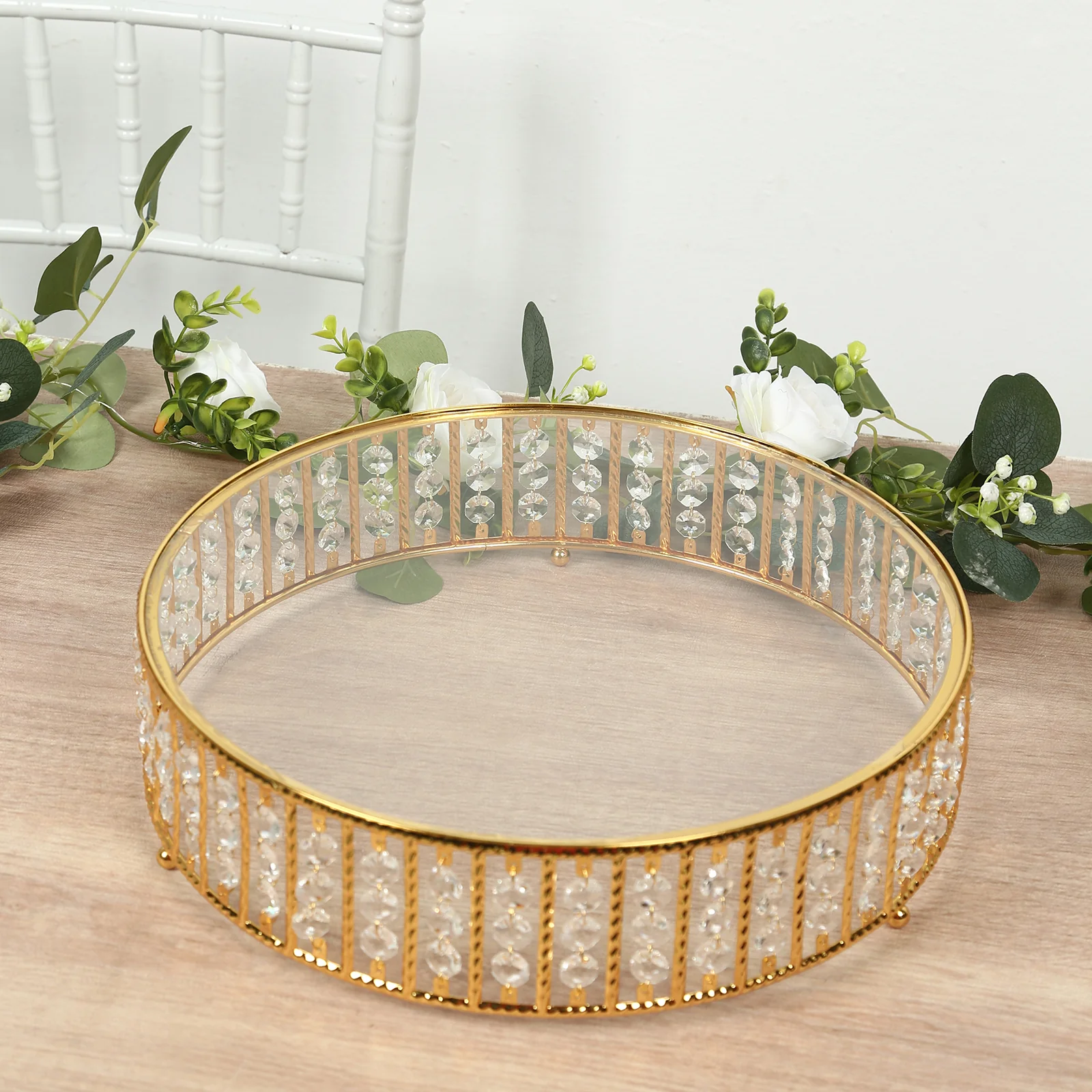 Crystal Cake Stand with Hanging Beads and Glass Top – 14" Round Gold Metal Dessert Display Tray - Image 6