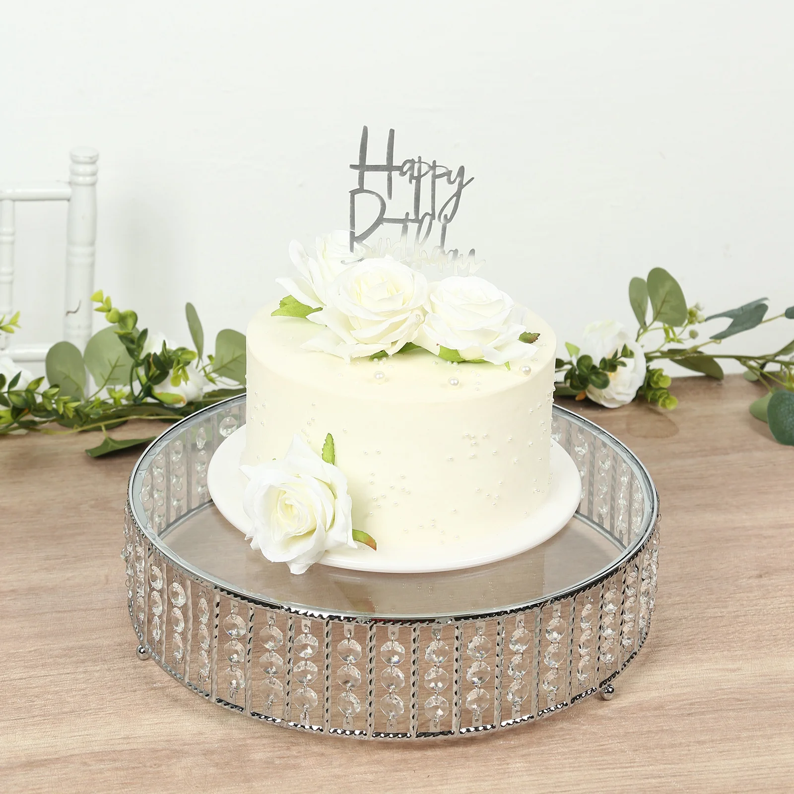 Crystal Cake Stand with Hanging Beads and Glass Top – 14" Round Silver Metal Dessert Display Tray