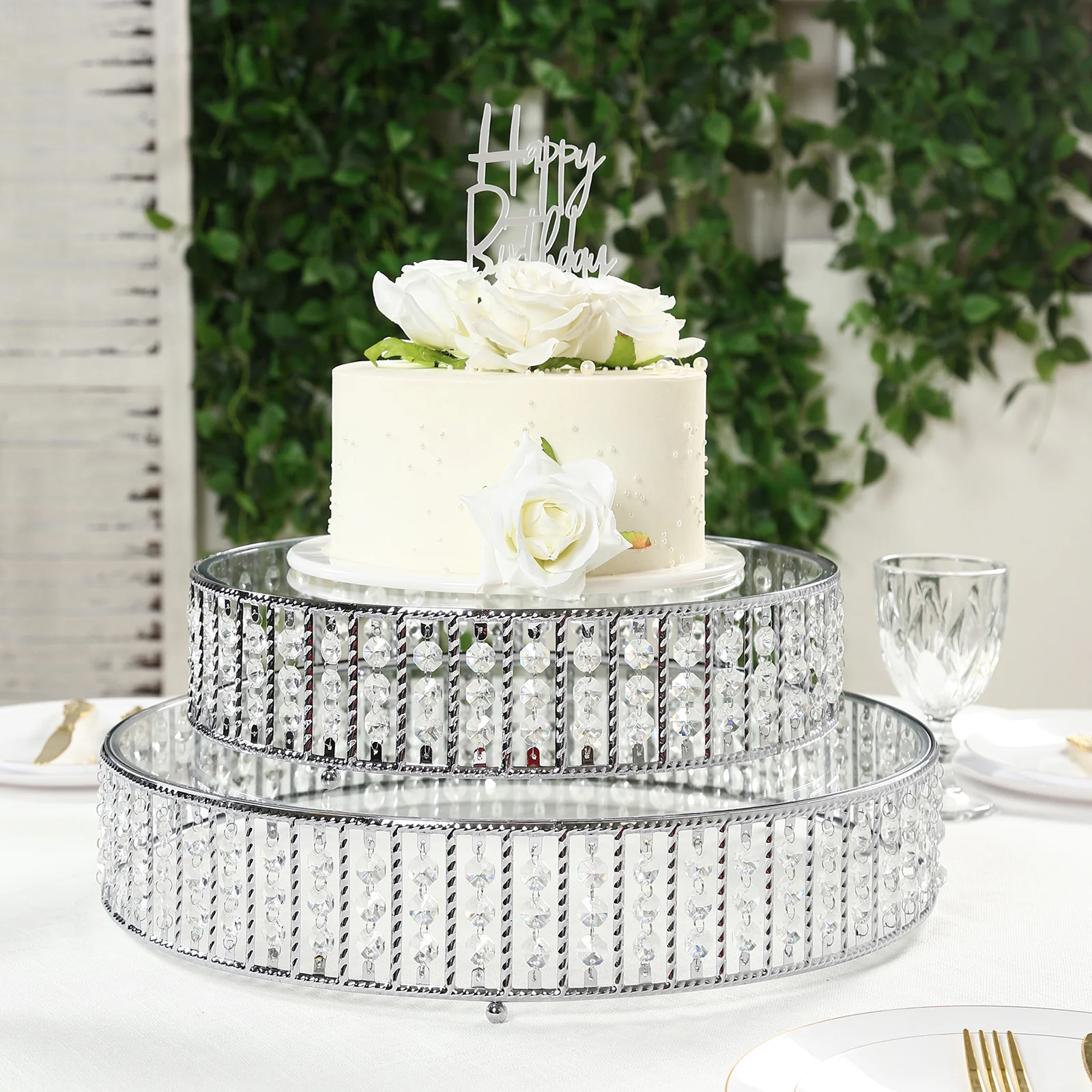 Crystal Cake Stand with Hanging Beads and Glass Top – 14" Round Silver Metal Dessert Display Tray - Image 8