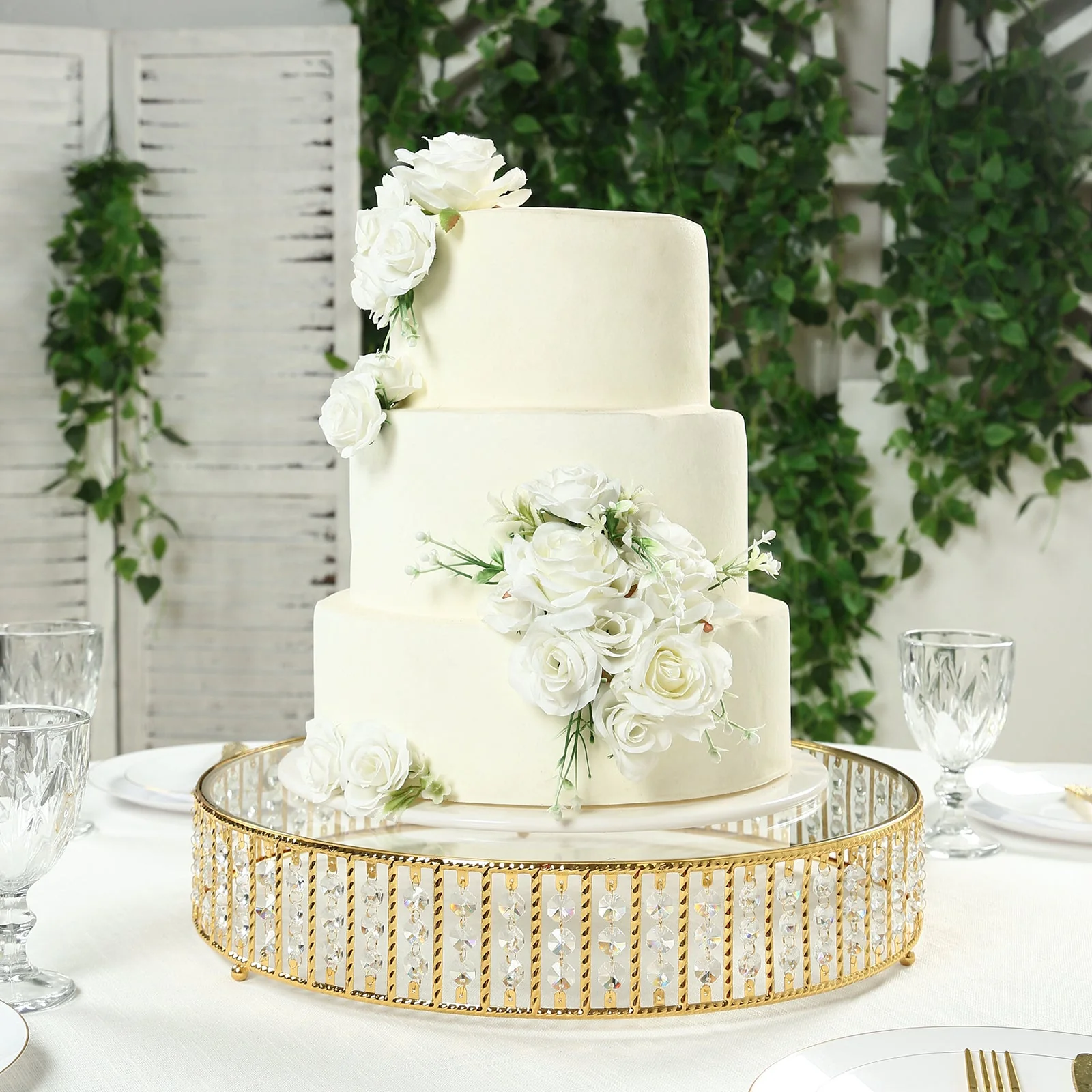 Crystal Cake Stand with Hanging Beads and Glass Top – 18" Round Gold Metal Dessert Display Tray