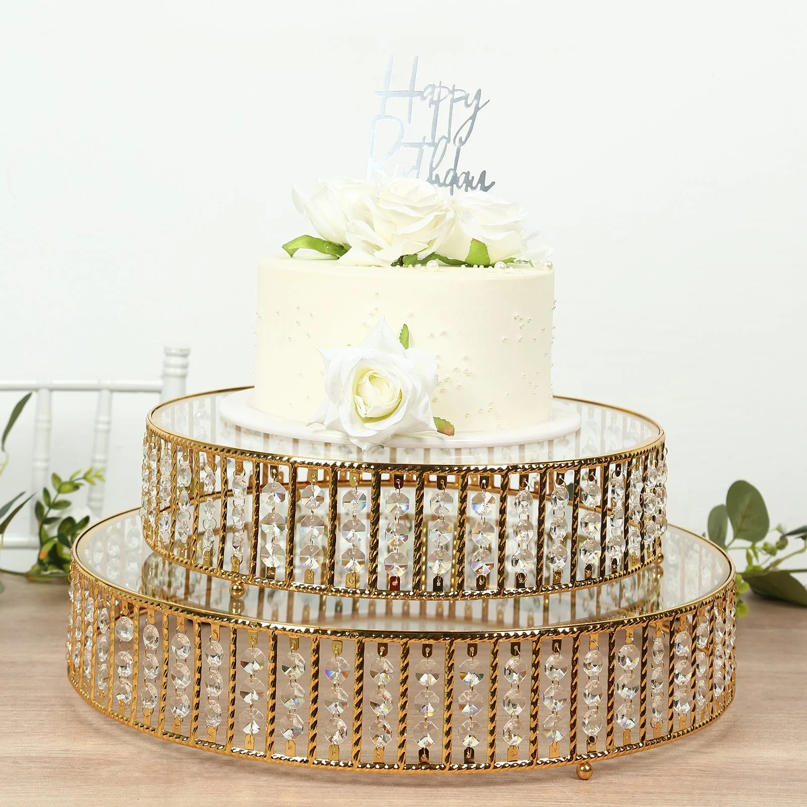 Crystal Cake Stand with Hanging Beads and Glass Top – 18" Round Gold Metal Dessert Display Tray - Image 2