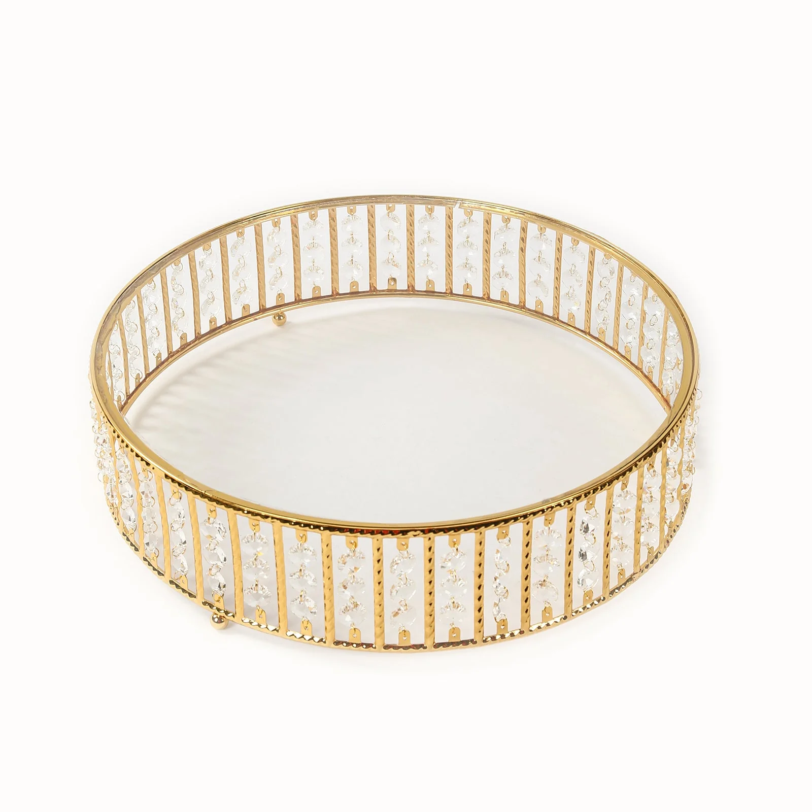 Crystal Cake Stand with Hanging Beads and Glass Top – 18" Round Gold Metal Dessert Display Tray - Image 6