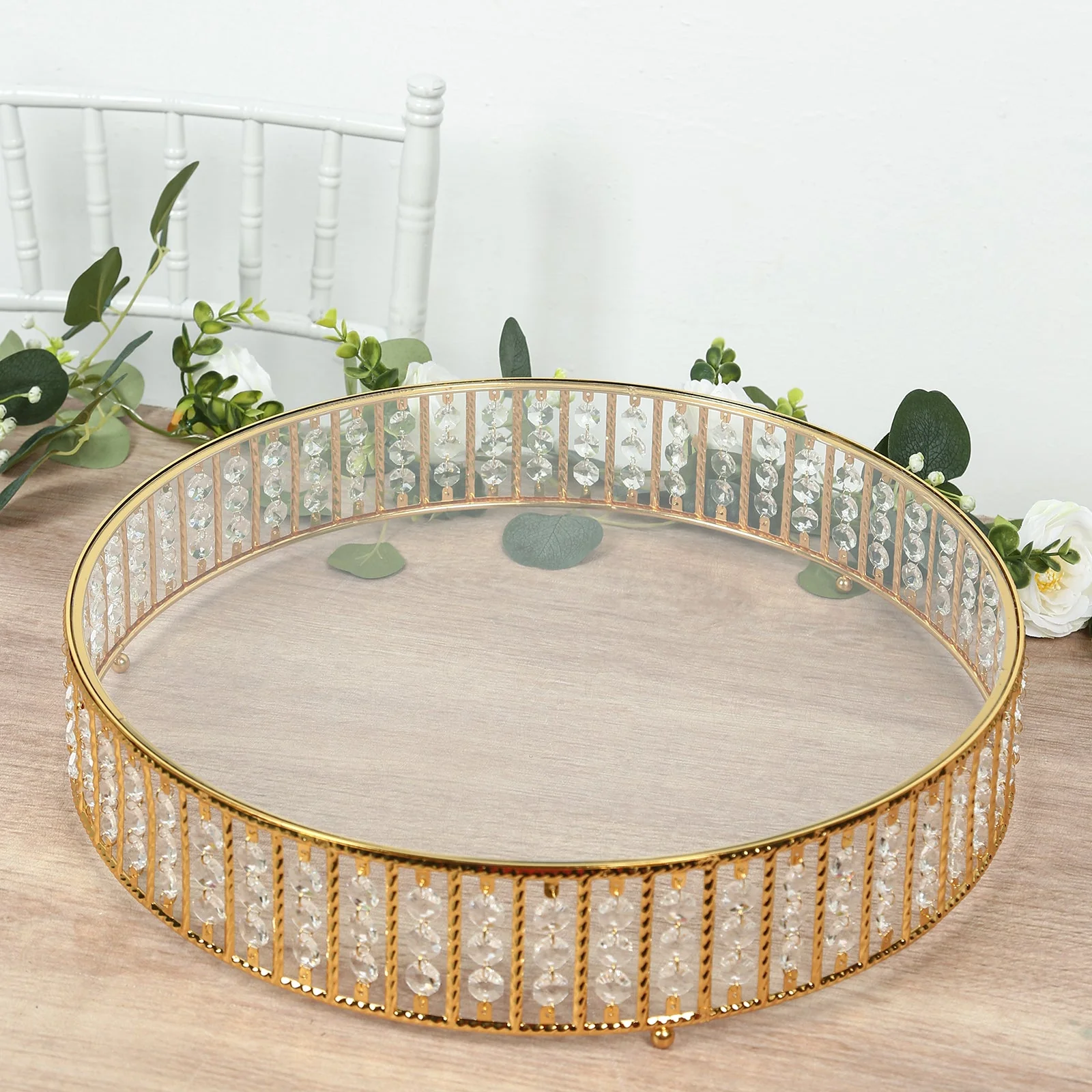 Crystal Cake Stand with Hanging Beads and Glass Top – 18" Round Gold Metal Dessert Display Tray - Image 8