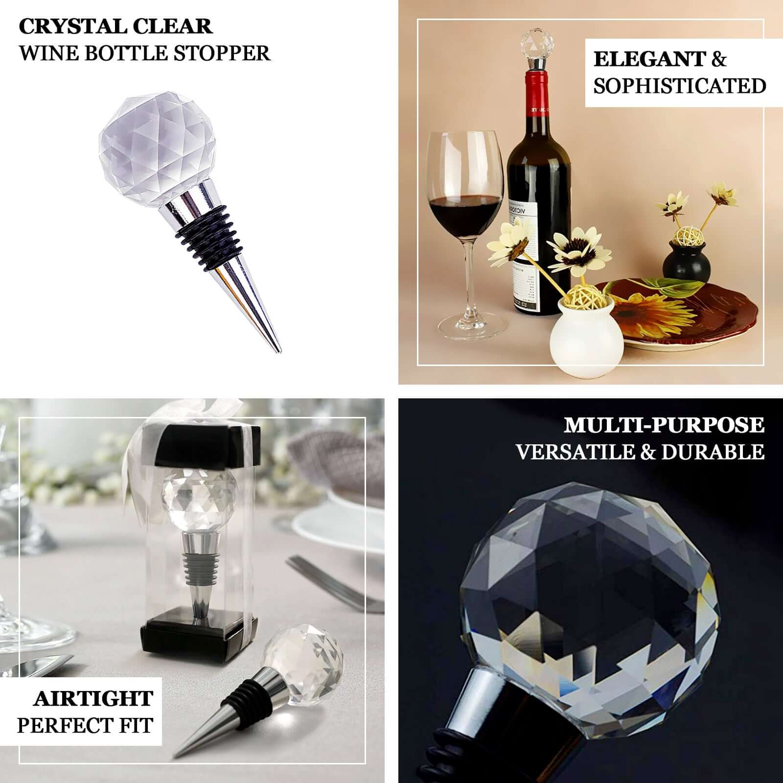 Crystal Glass Ball Metal Wine Bottle Stopper Plug Party Favor Gift Box - Clear Box, Thank You Card, and Ribbon Included - Image 4