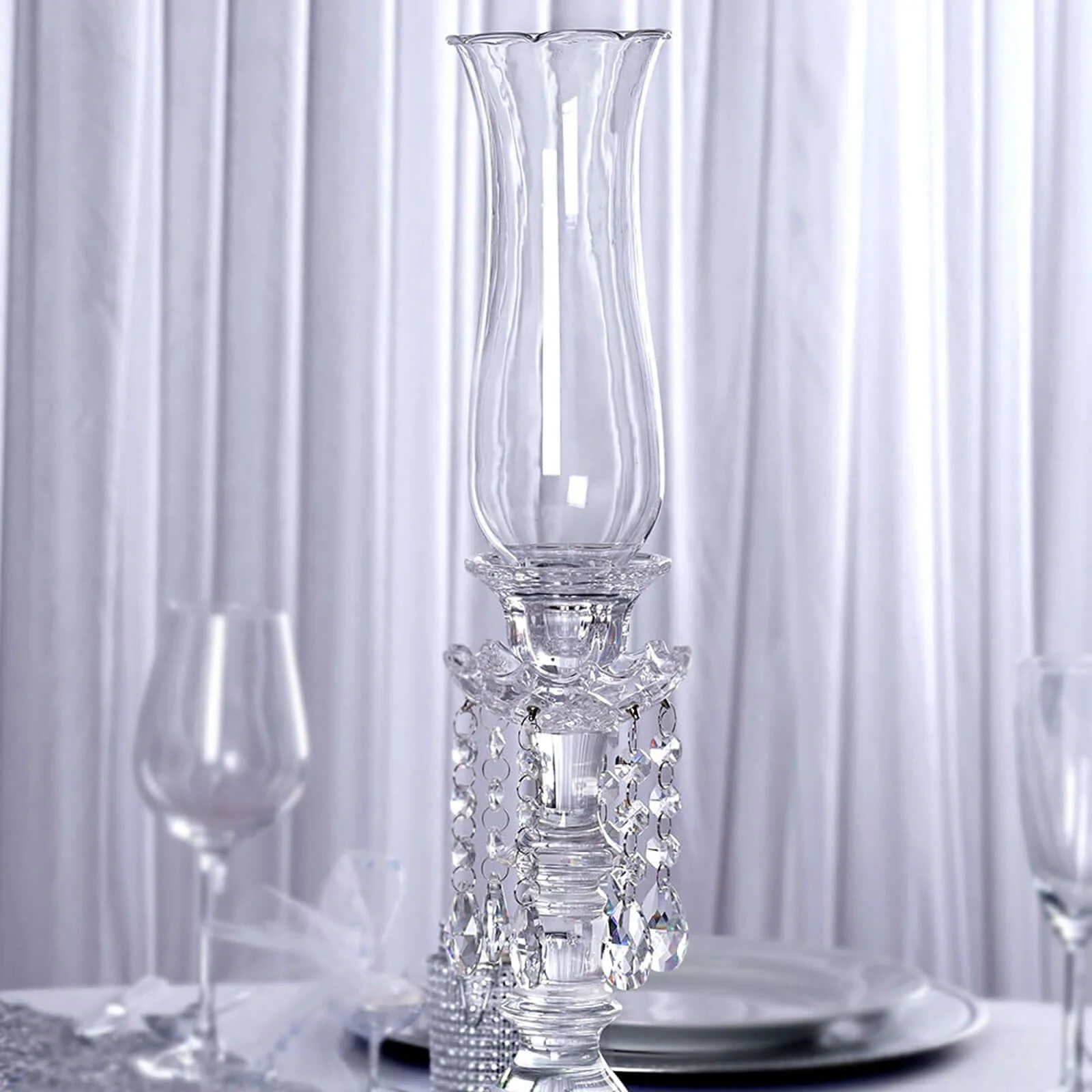 Crystal Glass Hurricane Candle Taper Candlestick Holder 20" - Decorative Piece With Chandelier Chains - Image 2