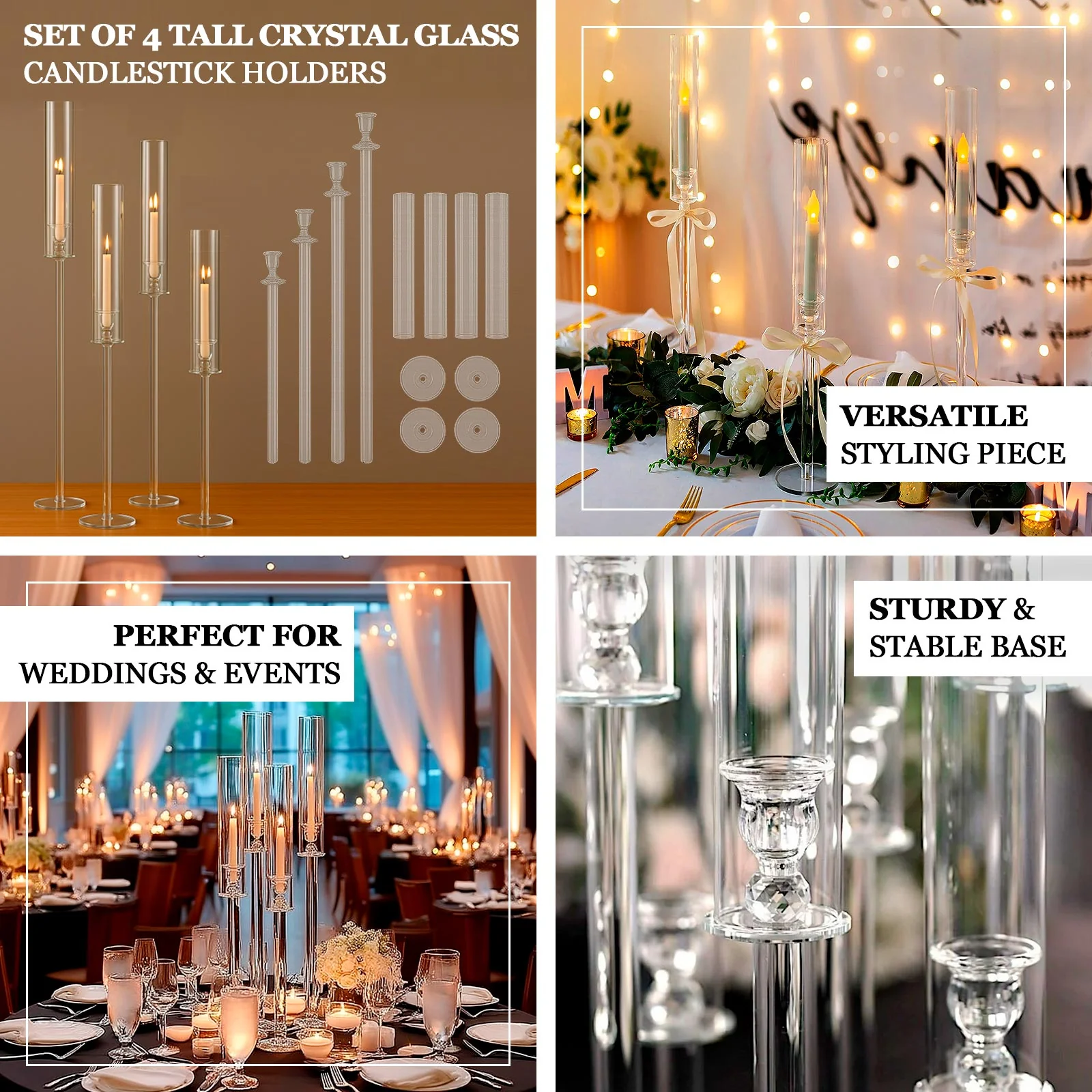Set of 4 Crystal Glass Hurricane Taper Candle Holders, Clear Cylinder Chimney Tubes - Decorative Tall Candle Stands 29", 33", 37", 41" - Image 3