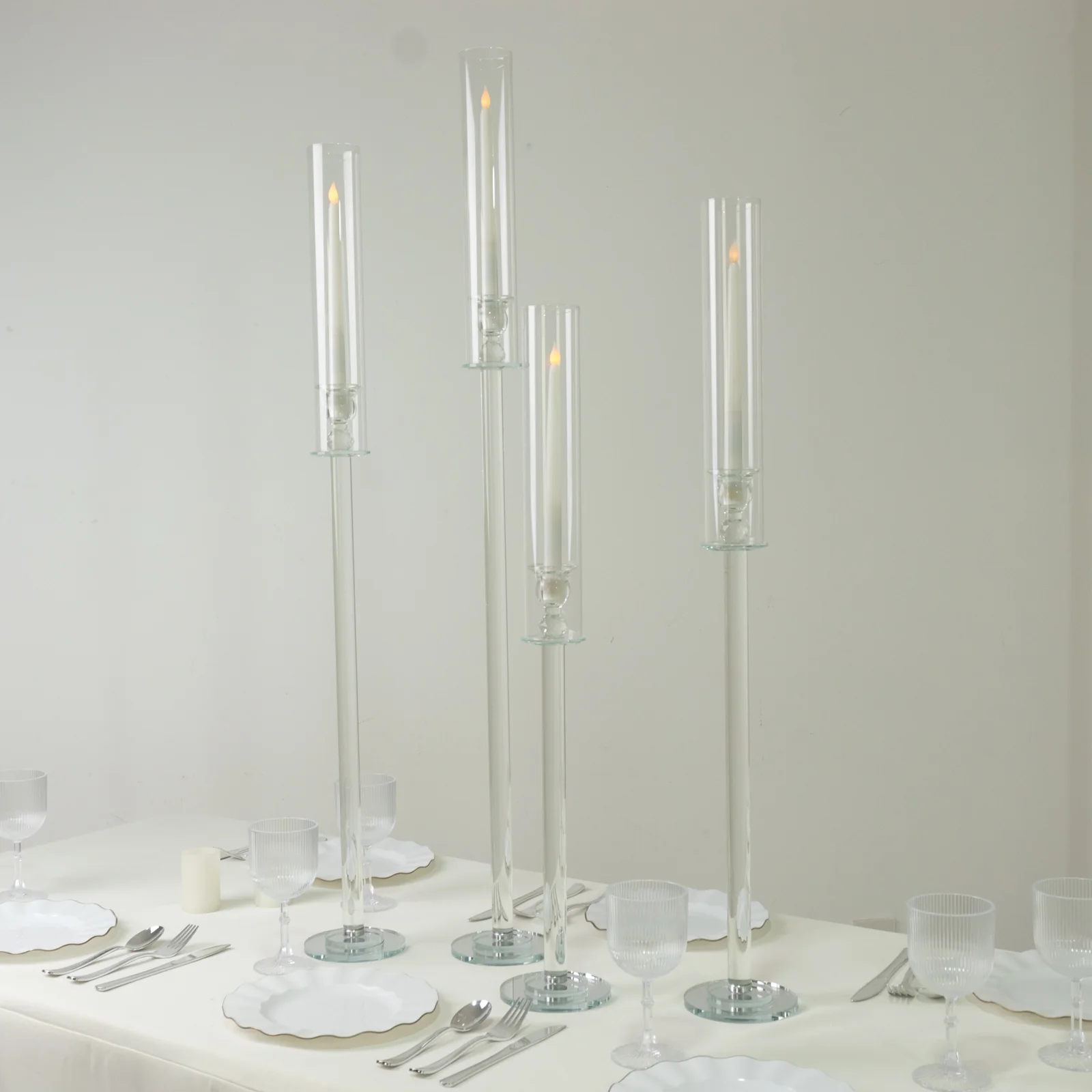 Set of 4 Crystal Glass Hurricane Taper Candle Holders, Clear Cylinder Chimney Tubes - Decorative Tall Candle Stands 29", 33", 37", 41" - Image 6