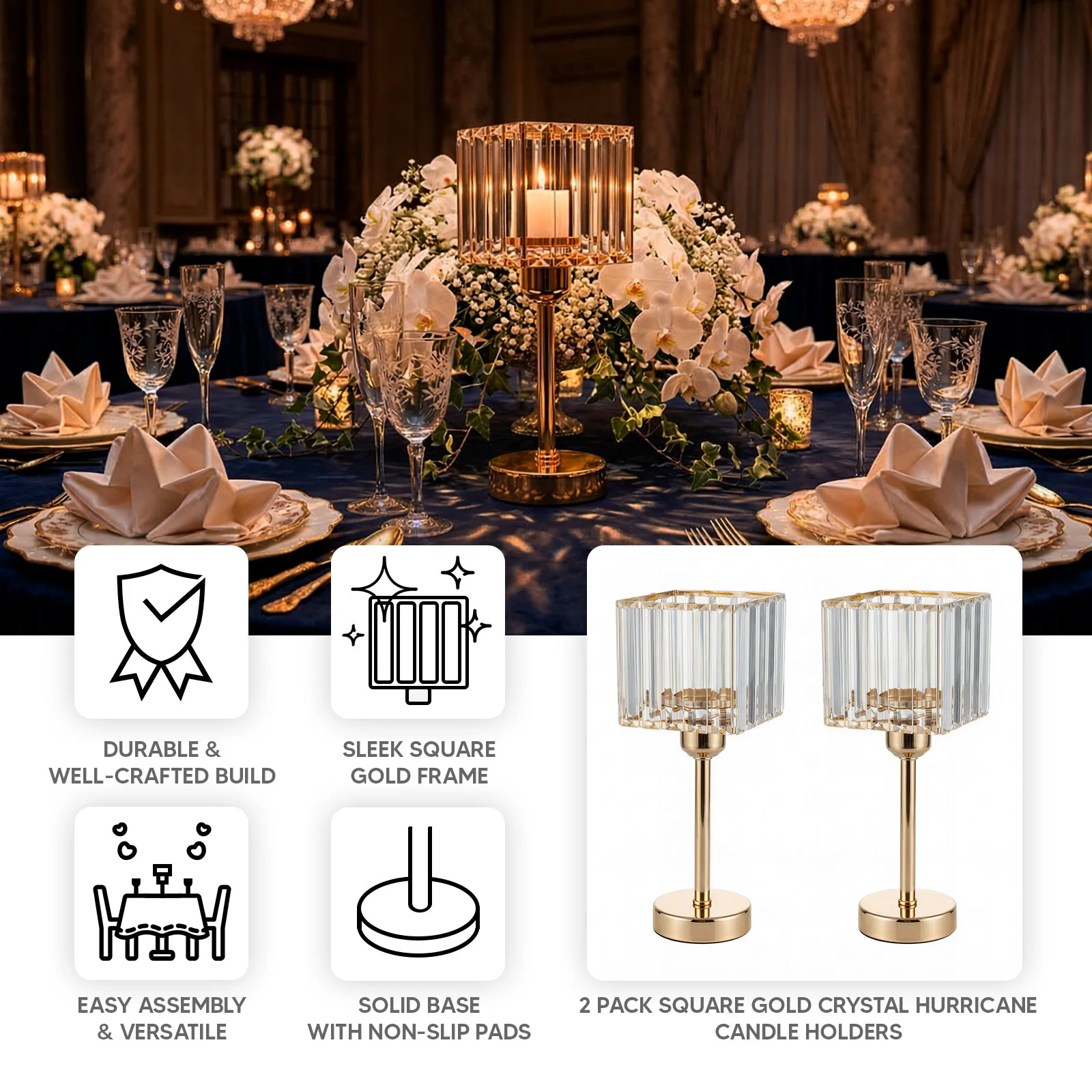 2 Pack Gold Crystal Hurricane Candle Holders – 13" Square Glass Pillar Candle Stands, Crystal Pendant Design - Image 4