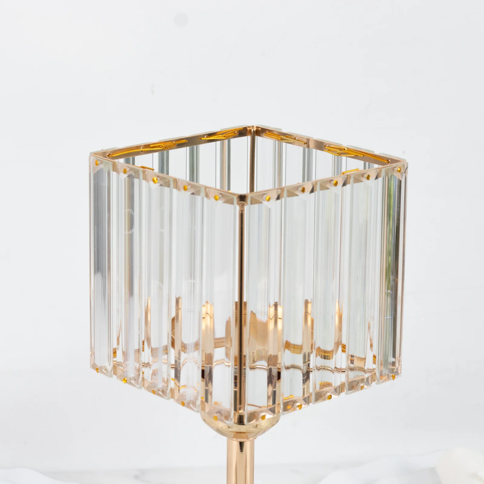 2 Pack Gold Crystal Hurricane Candle Holders – 13" Square Glass Pillar Candle Stands, Crystal Pendant Design - Image 6