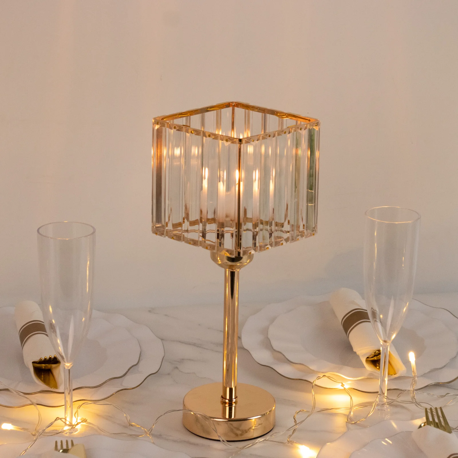 2 Pack Gold Crystal Hurricane Candle Holders – 13" Square Glass Pillar Candle Stands, Crystal Pendant Design - Image 7