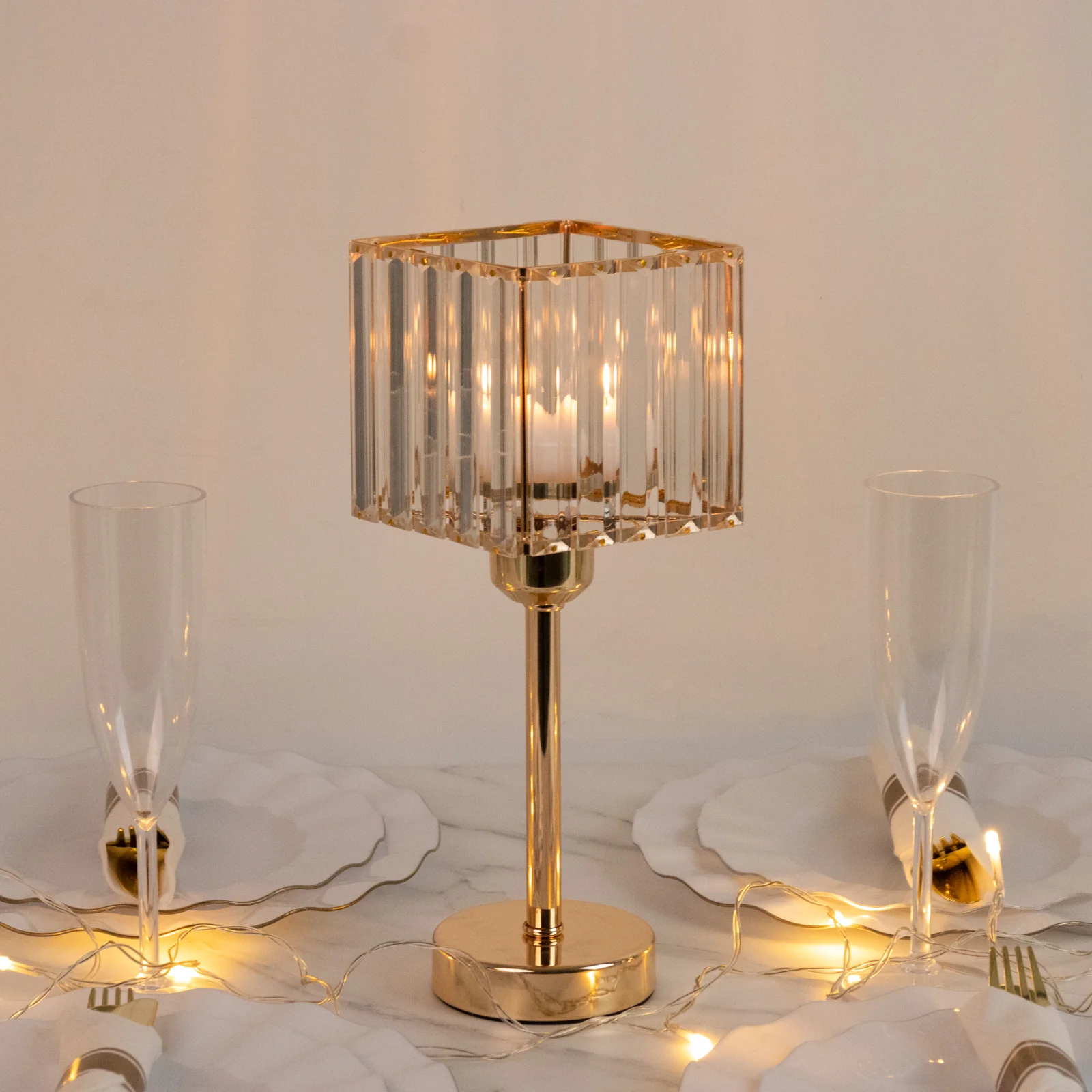 2 Pack Gold Crystal Hurricane Candle Holders – 13" Square Glass Pillar Candle Stands, Crystal Pendant Design - Image 8