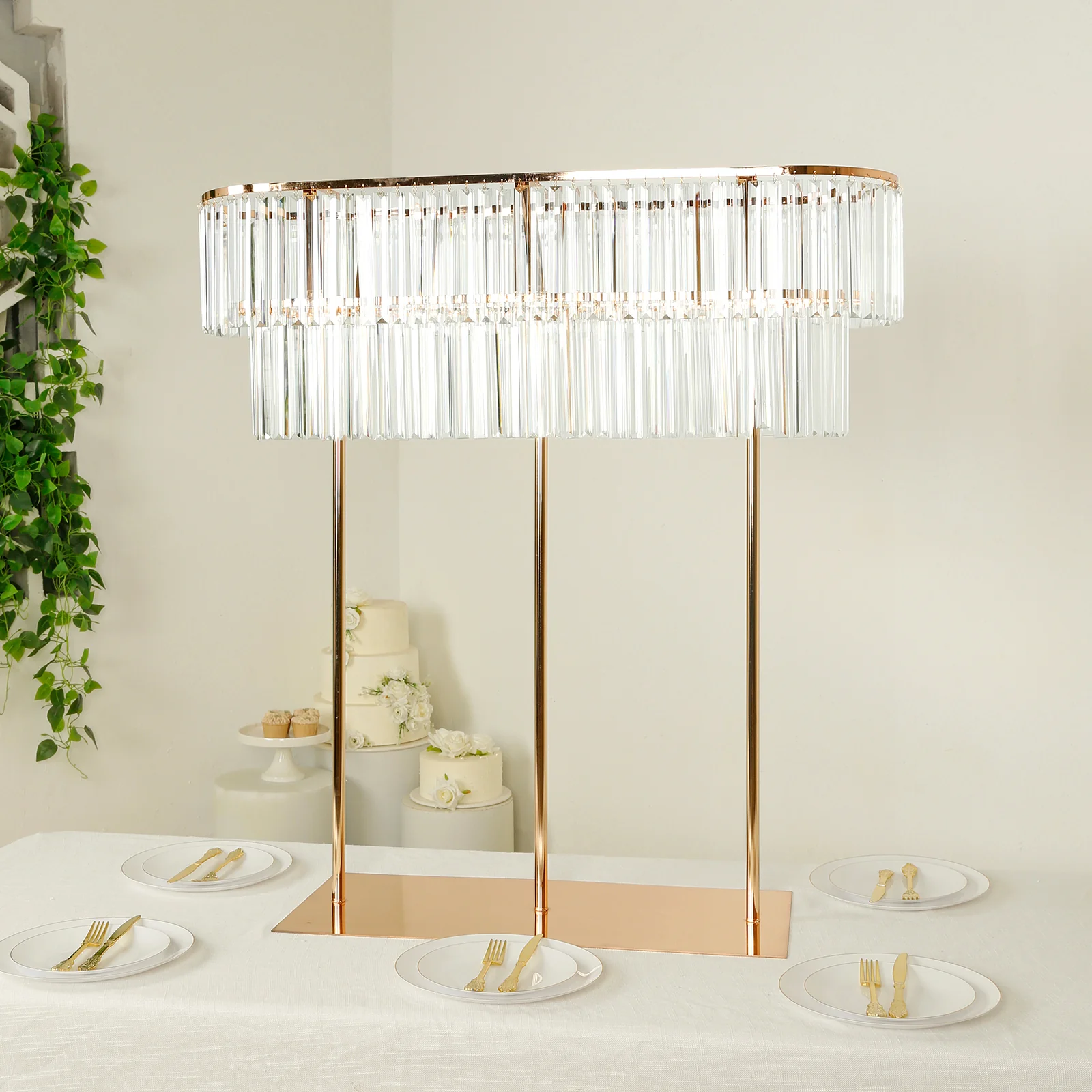 Crystal Pendant 2-Tier Flower Stand 40"x40" – Gold Metal Oval Table Centerpiece Pedestal with Drop Accents - Image 6