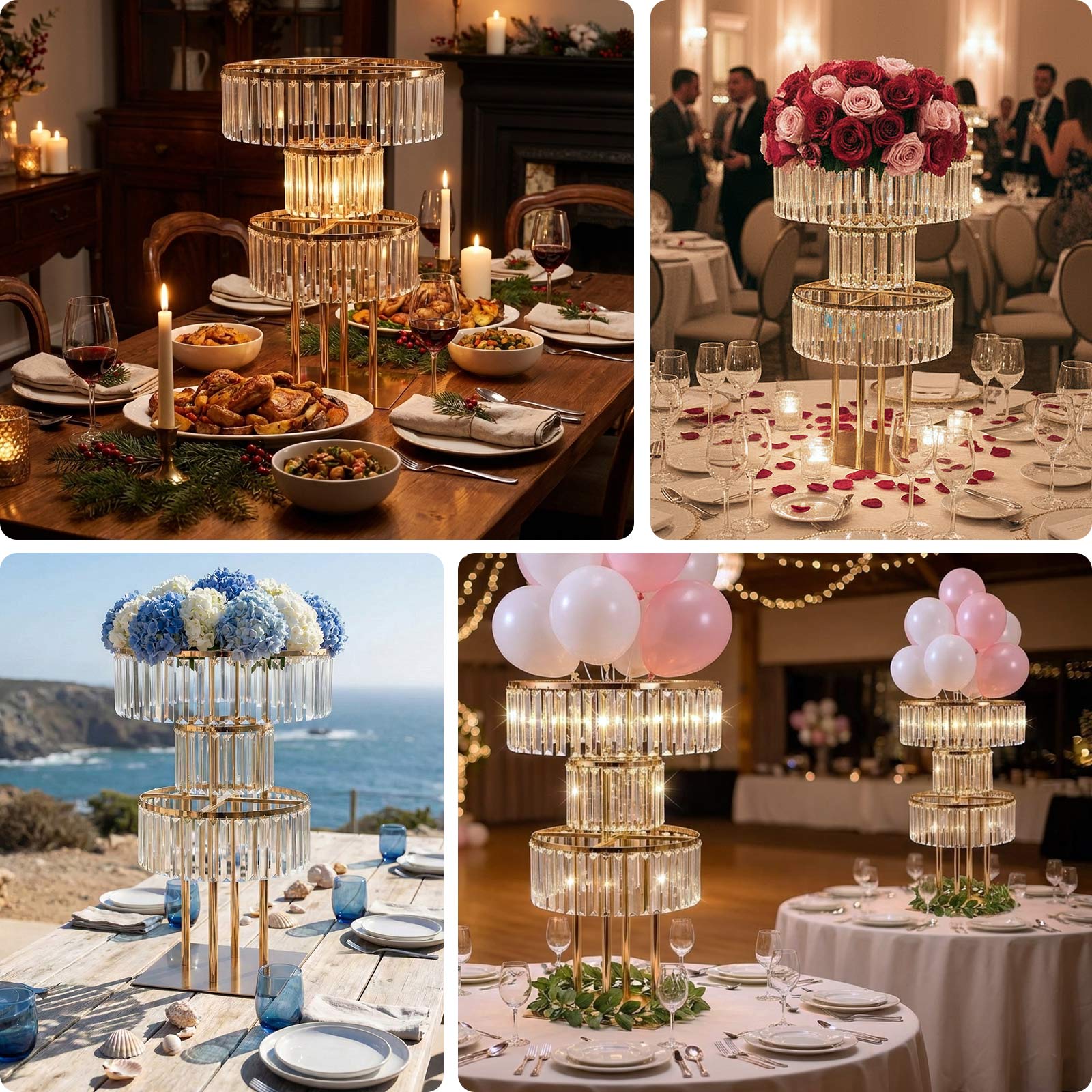 Crystal Pendant 3-Tier Table Centerpiece Chandelier in Gold, 27" Flower Stand Metal Vase Round Pedestal with Hanging Crystals - Image 4