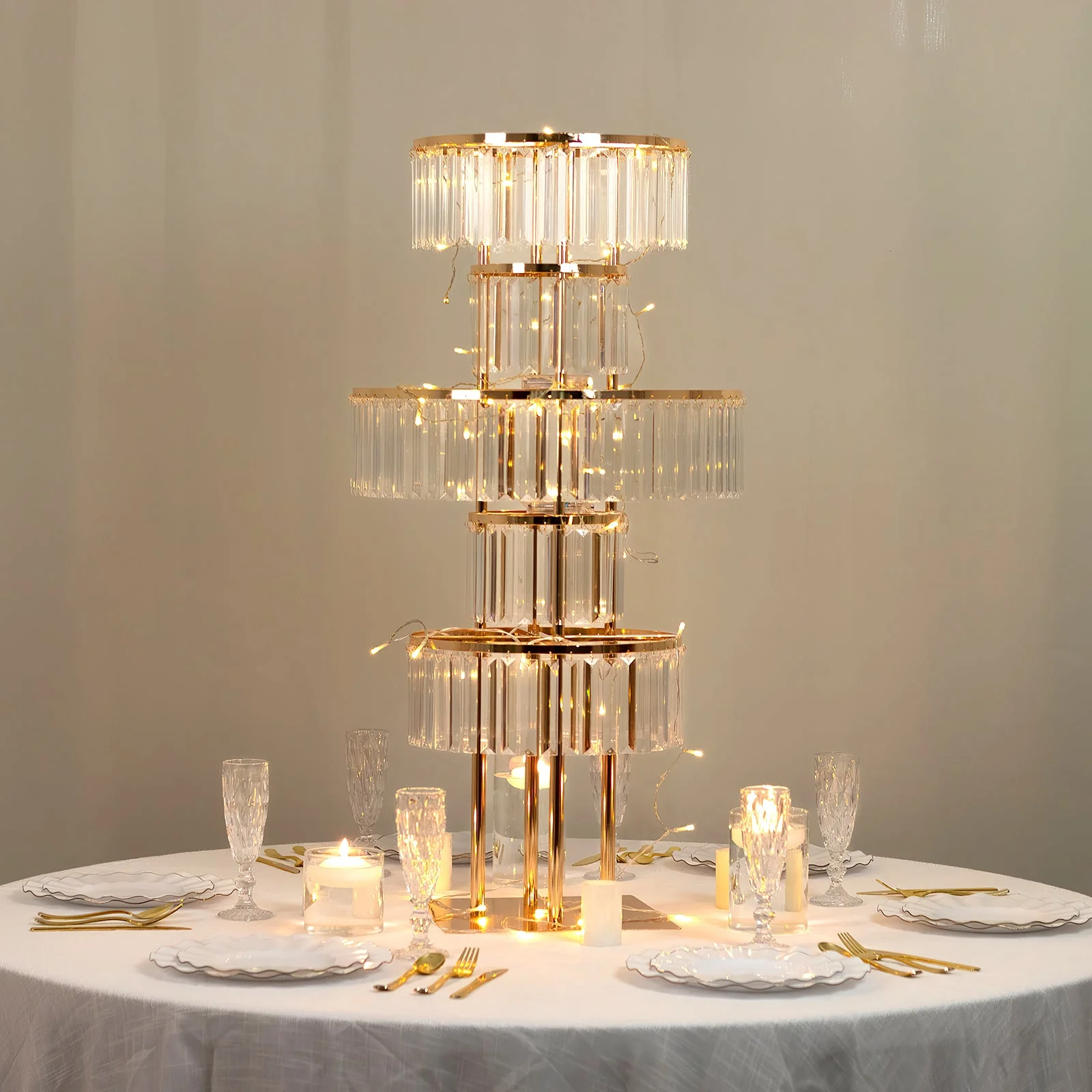 Crystal Pendant 5-Tier Table Centerpiece Chandelier in Gold, 40" Flower Stand Metal Vase Round Pedestal with Hanging Crystals