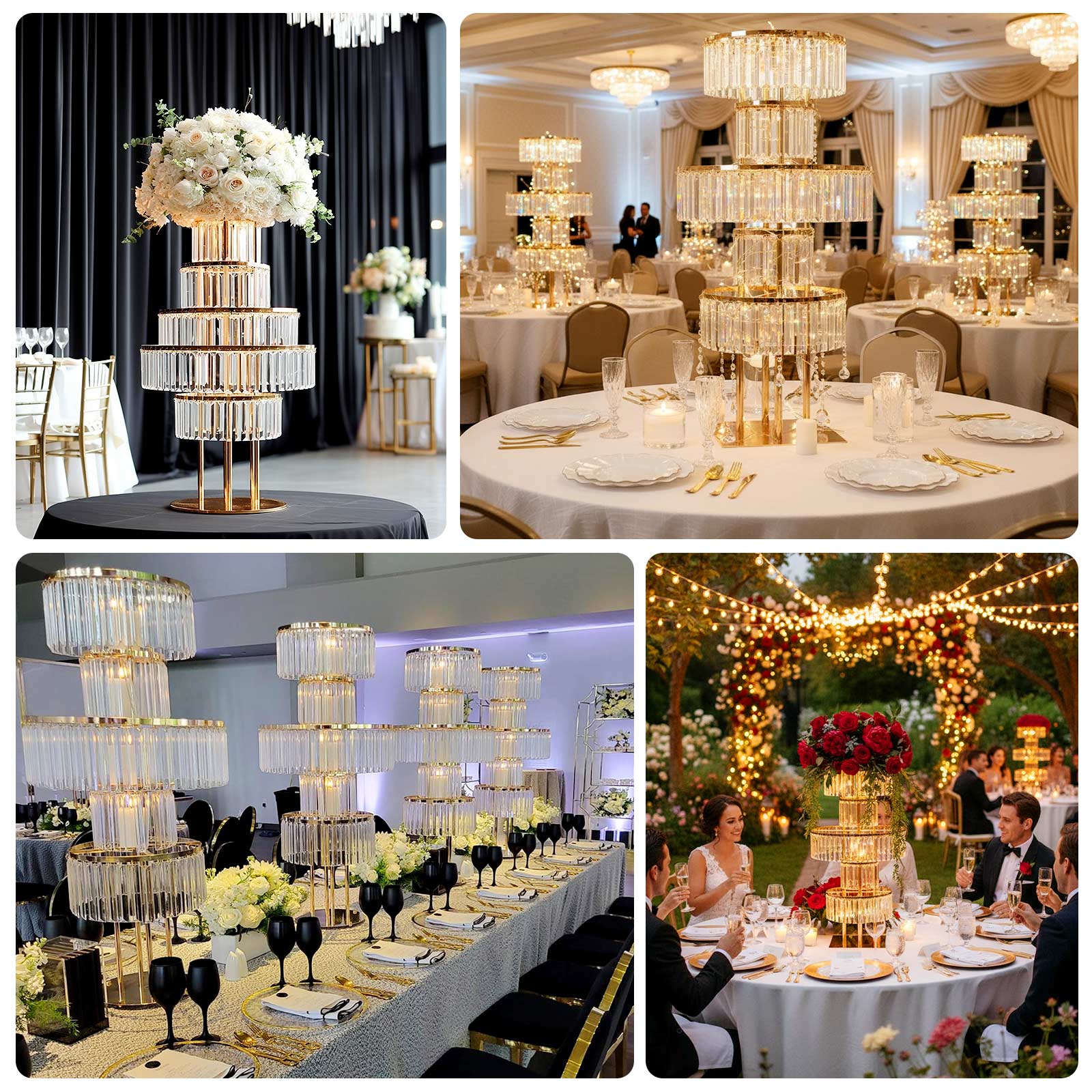 Crystal Pendant 5-Tier Table Centerpiece Chandelier in Gold, 40" Flower Stand Metal Vase Round Pedestal with Hanging Crystals - Image 5