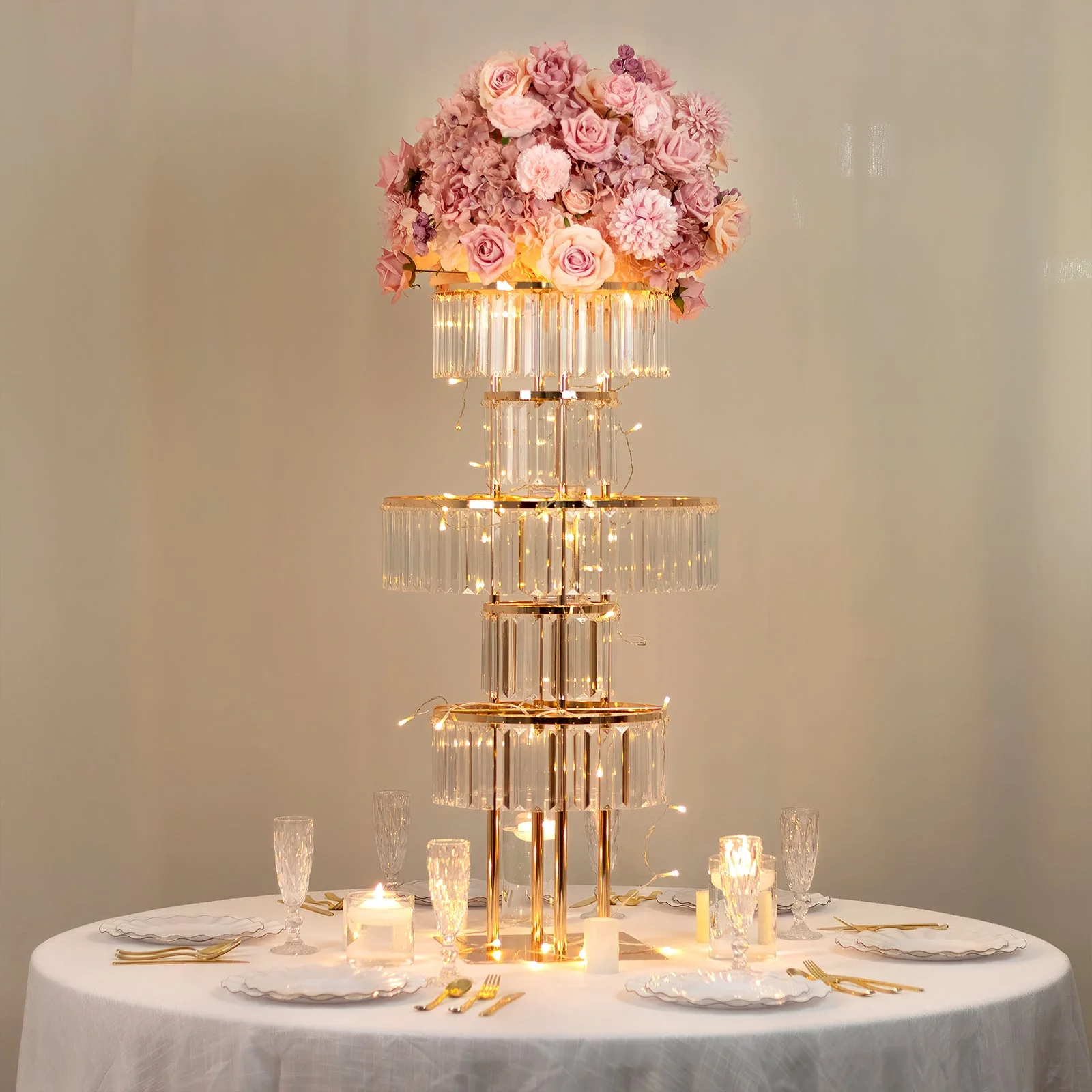 Crystal Pendant 5-Tier Table Centerpiece Chandelier in Gold, 40" Flower Stand Metal Vase Round Pedestal with Hanging Crystals - Image 7