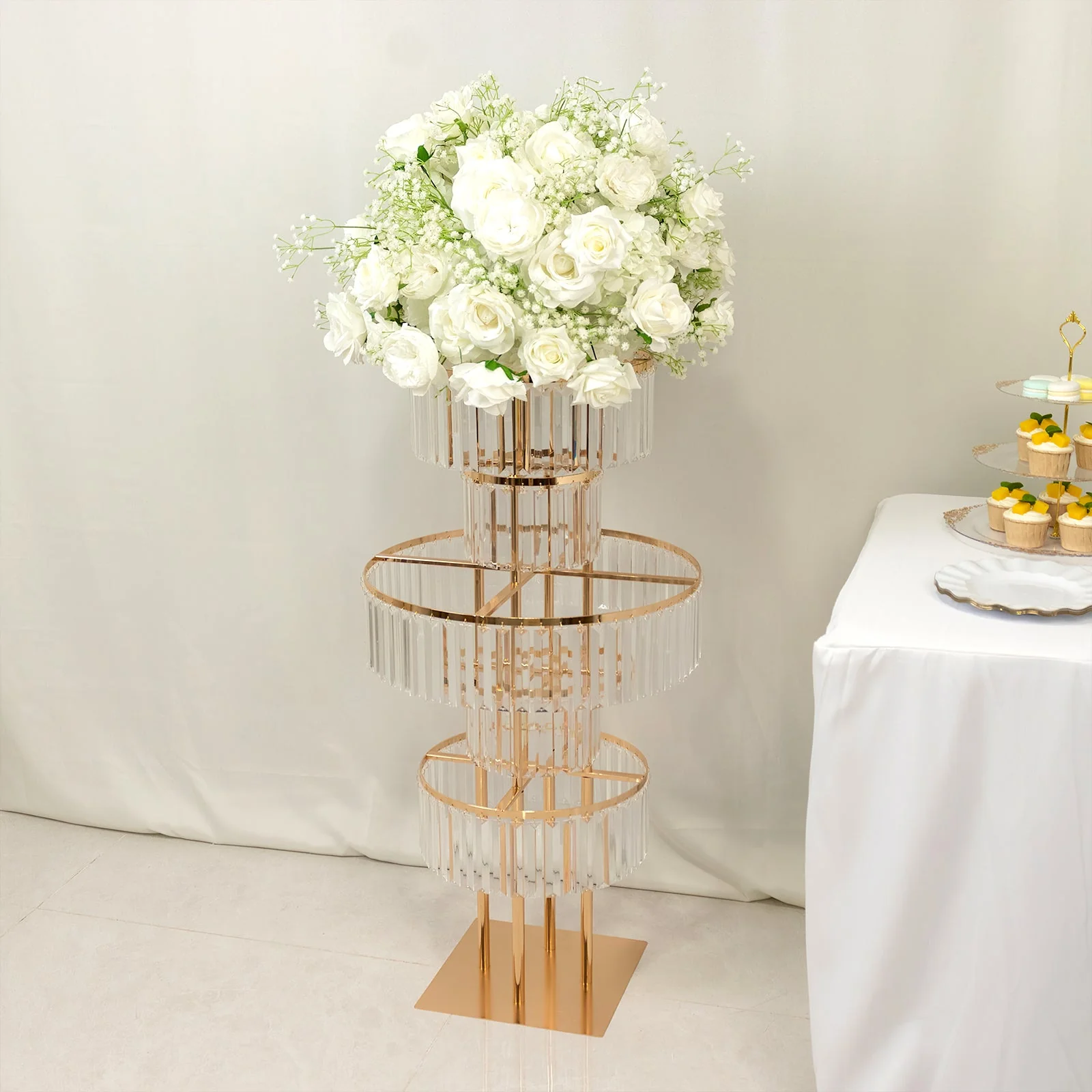 Crystal Pendant 5-Tier Table Centerpiece Chandelier in Gold, 40" Flower Stand Metal Vase Round Pedestal with Hanging Crystals - Image 8