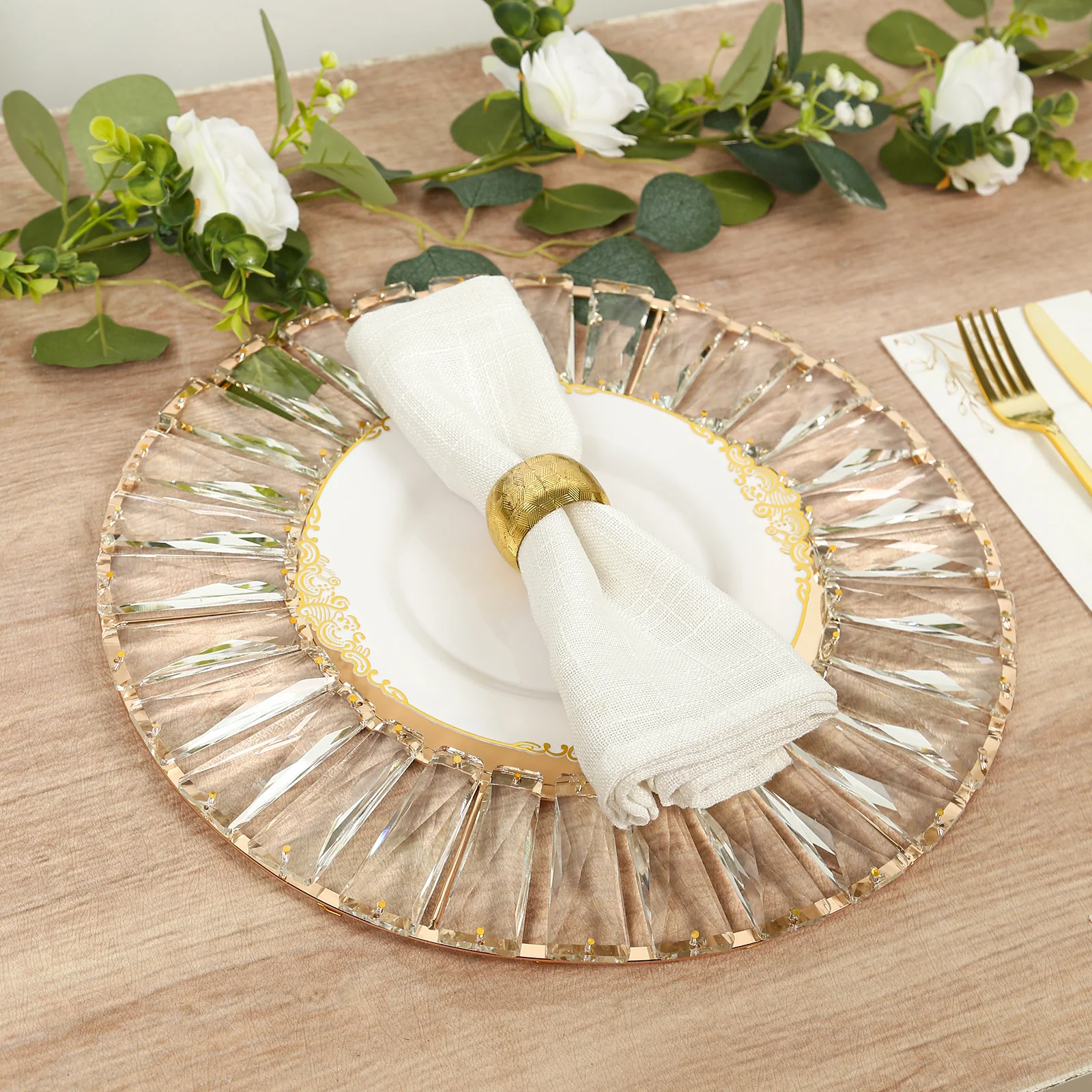 2 Pack Crystal Pendant Metal Charger Plates – 14" Round Gold Mirror Glass Decorative Table Chargers - Image 4
