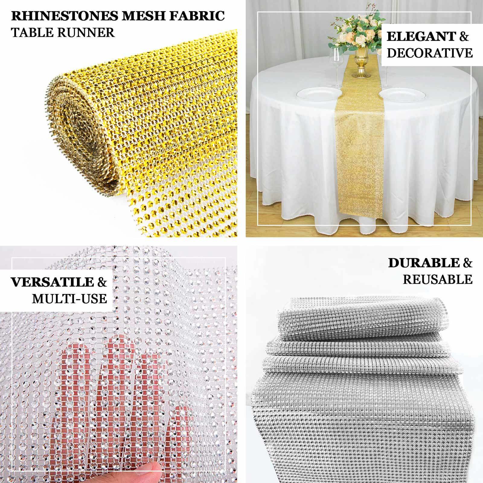Crystal Rhinestone Table Runner 10"x108" Champagne - Shiny Diamond Mesh Bling Table Decor - Image 3