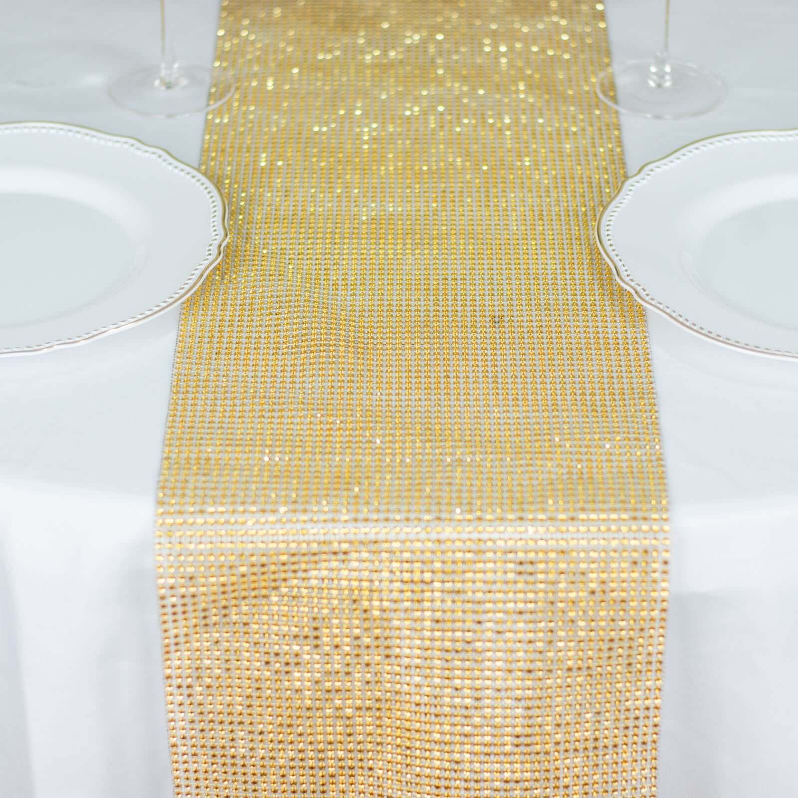 Crystal Rhinestone Table Runner 10"x108" Gold - Shiny Diamond Mesh Bling Wedding & Event Table Decor - Image 14