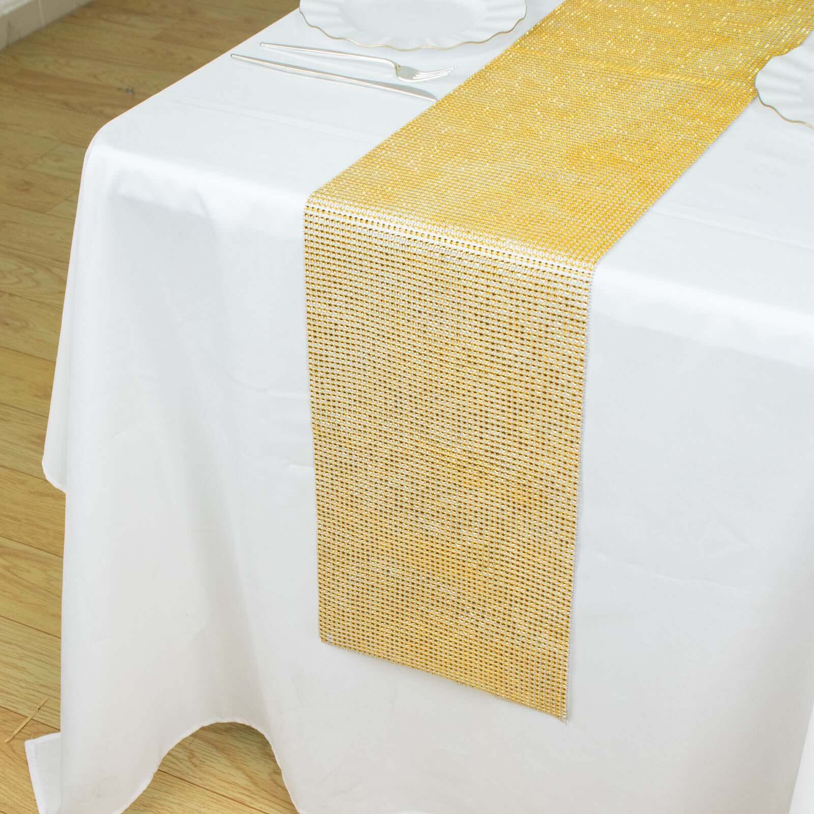 Crystal Rhinestone Table Runner 10"x108" Gold - Shiny Diamond Mesh Bling Wedding & Event Table Decor - Image 8