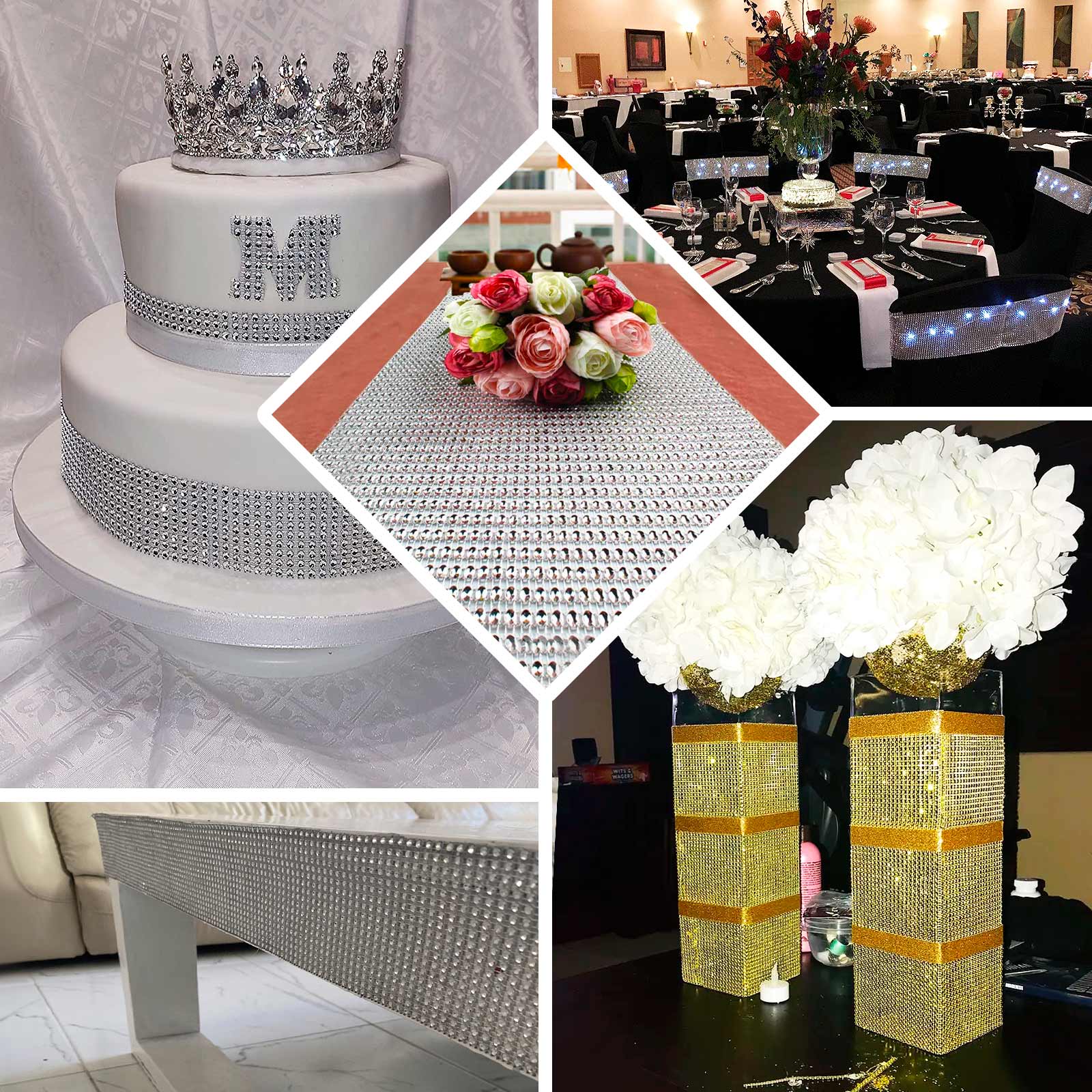 Crystal Rhinestone Table Runner 10"x108" Silver - Shiny Diamond Mesh Bling Table Decor - Image 3