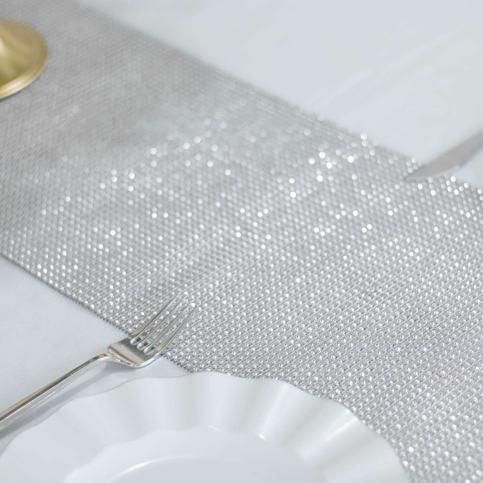 Crystal Rhinestone Table Runner 10"x108" Silver - Shiny Diamond Mesh Bling Table Decor - Image 4