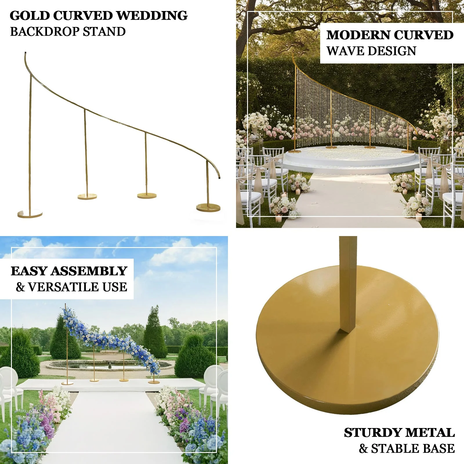 Curved Wave Wedding Arch Backdrop Stand Gold – 8ft x 12ft Left Side Heavy-Duty Metal Frame with Round Bases for Balloon & Floral Décor - Image 4