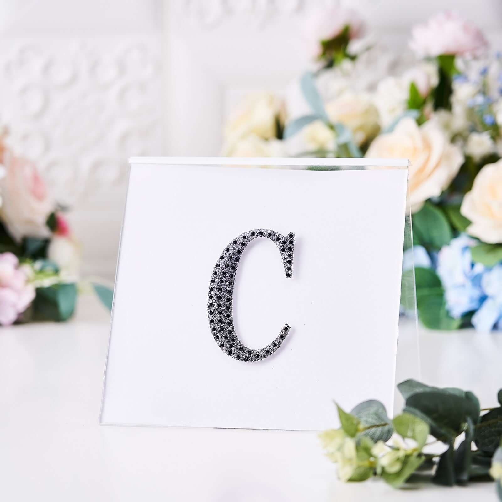 Decorative Rhinestone Alphabet "C" Letter Stickers 4", Black Glitter Adhesive Craft Letters - DIY Sparkle Embellishments