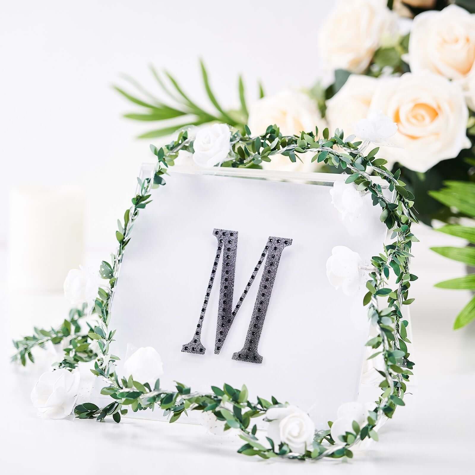 Decorative Rhinestone Alphabet "M" Letter Stickers 4", Black Glitter Adhesive Craft Letters - DIY Sparkle Embellishments - Image 2