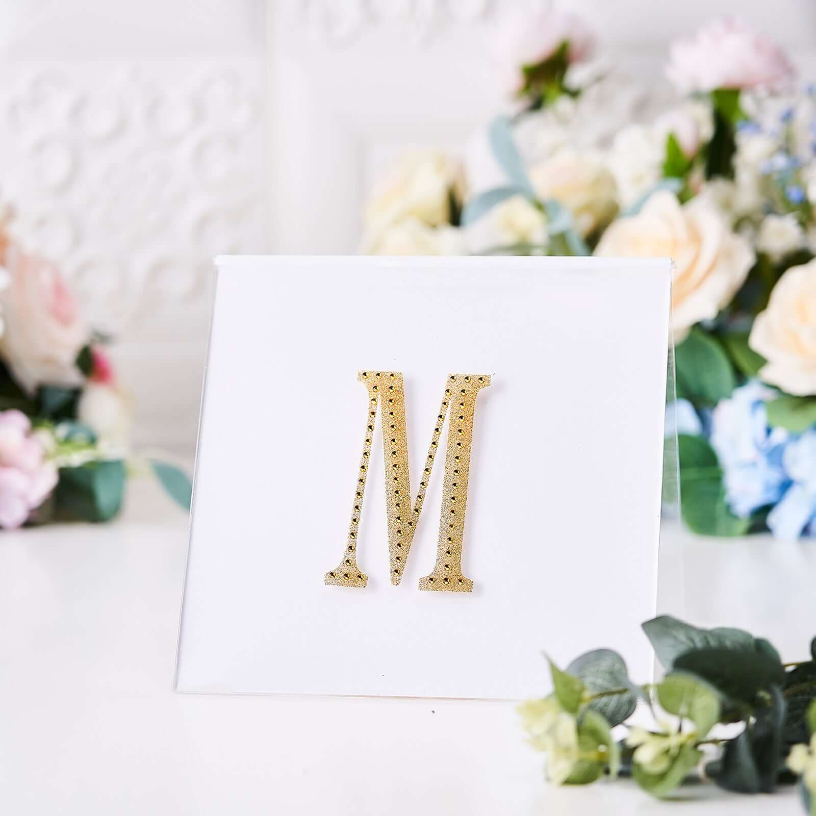 Decorative Rhinestone Alphabet "M" Letter Stickers 4", Gold Glitter Adhesive Craft Letters - DIY Sparkle Embellishments